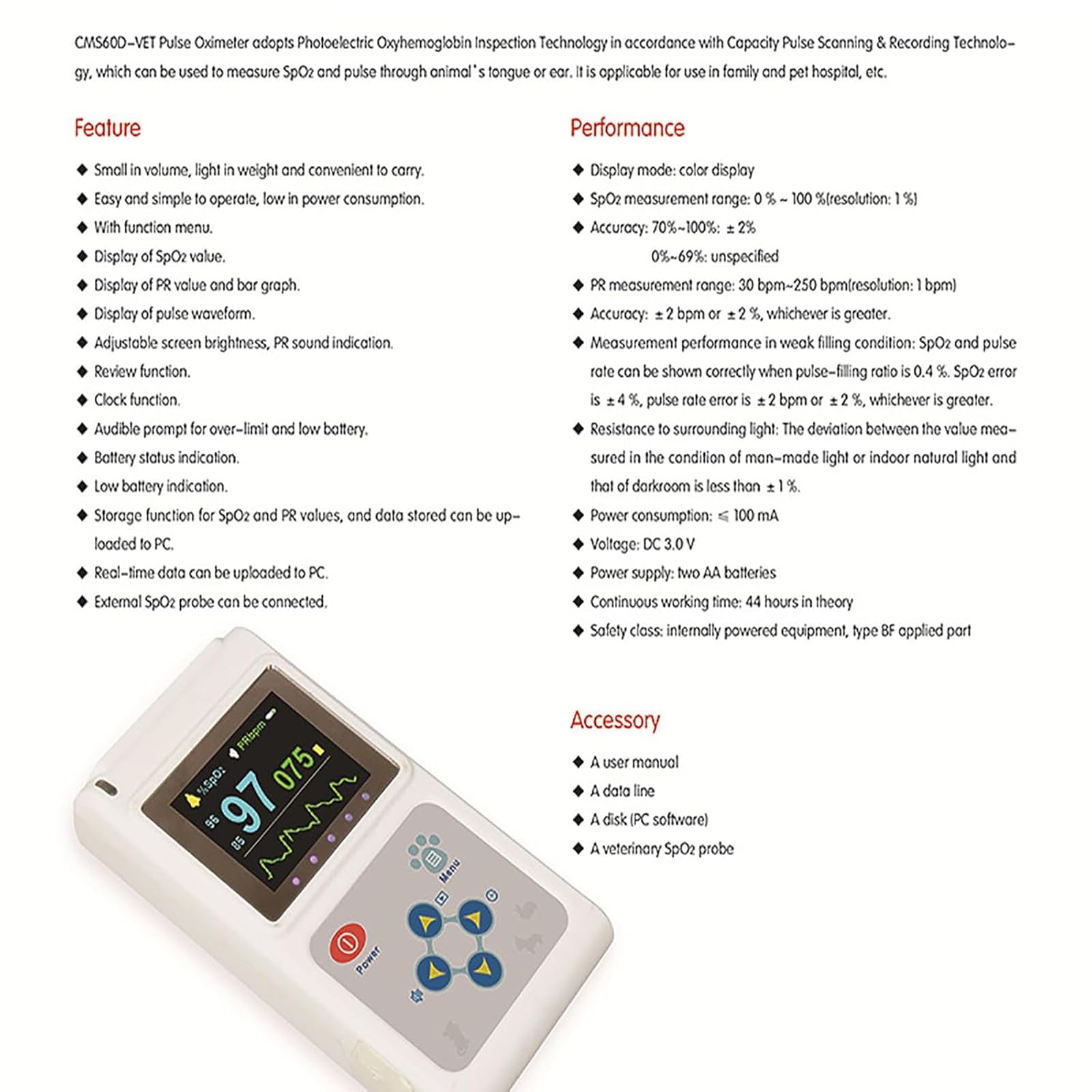 Oxímetro Veterinario Portátil, Veterinario Veterinario De Pulso De Pulso Con Sonda Y Cable USB, Monitor De Frecuencia De Pulso Del Sensor De Oreja/lengua, Almacenamiento Y Función De Reproducción