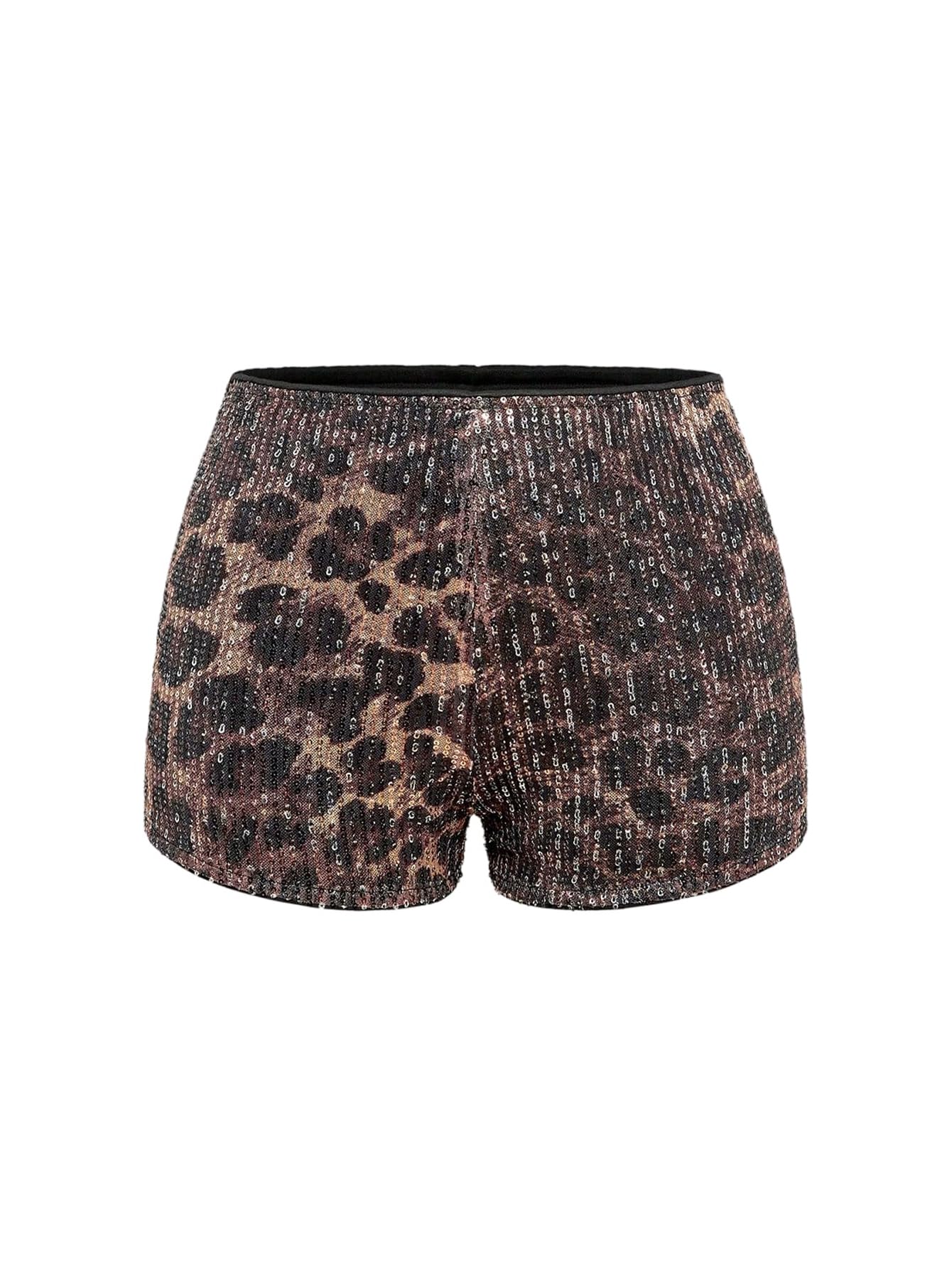 GORGLITTER Damen Pailletten Shorts Y2K Party Leoparden Shorts Rave Kurz Hosen Mit Reißverschluss Minishorts Hotpants Festival Outfit