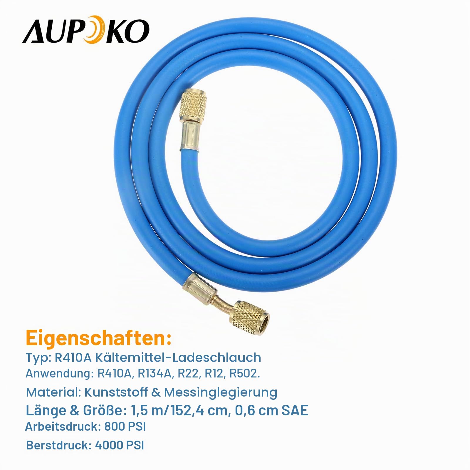 Aupoko R134A Füllschlauch 1,5 m 800 PSI, R410A Kältemittel-Ladeschlauch 1/4 Zoll SAE Flare für Auto Klimaanlagensystem R410A R22 R134A R12 R502
