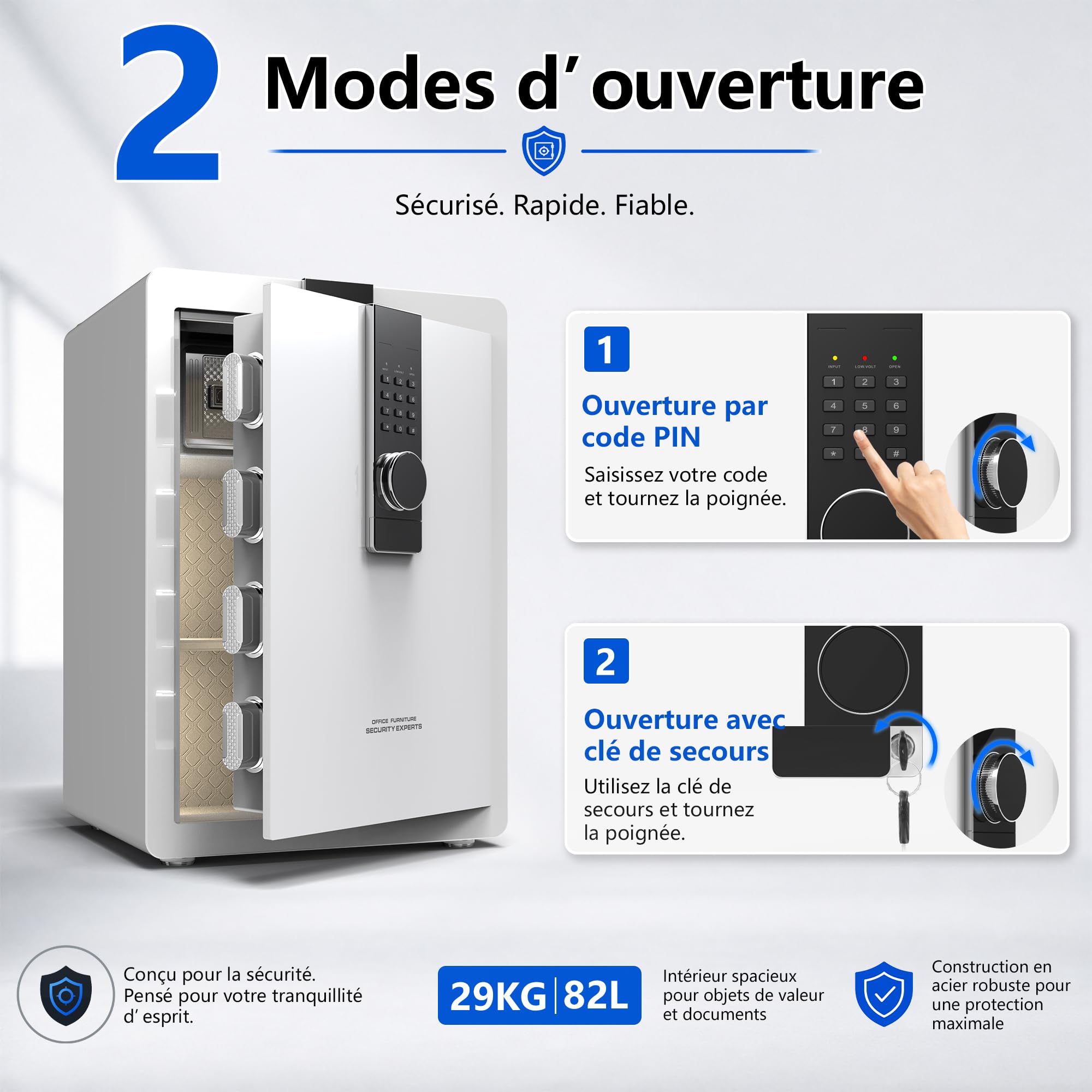 29KG Lourd Coffre Fort en Acier, 82L Coffre-fort Électronique avec Digitale Code et Clé, pour Maison et Bureau, Idéal pour Bijoux, Argent et Documents A4, Notice en Français (Blanc,82L)