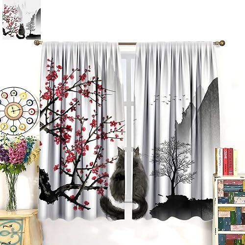 Miniatura 4 de Cortina japonesa, pintura de tinta tradicional retro con diseño de gato rojo cerezo en flores, cortinas con aislamiento térmico y bolsillo para