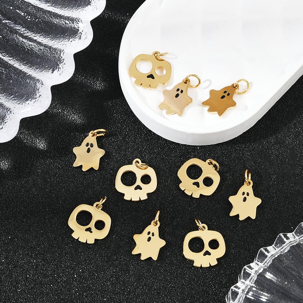 Beebeecraft 1 Box 10Pcs Enamel Halloween Charms Real 14K Gold Plated Stainless Steel Metal Holiday Ghost Skull Dangle Pendants Charm with Jump Ring for Jewelry Making Earrings DIY Craft Accessories