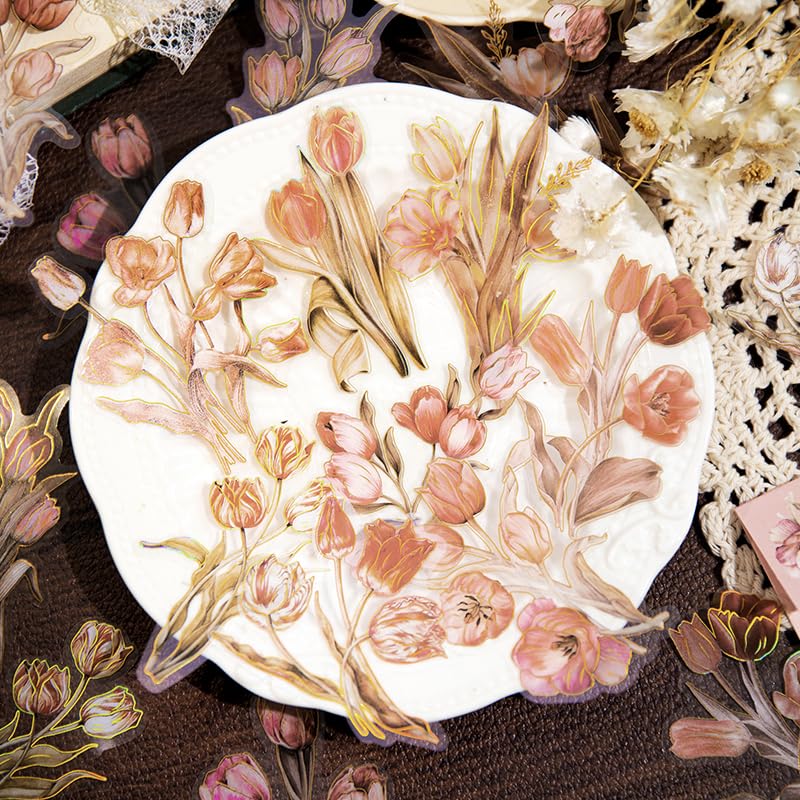 Image of 80Pcs Natural Flower Stickers for Scrapbooking,Self-Adhesive Transparent Flower Stickers Scrapbook Supplies Journaling Supplies for Adult Card Making Letters DIY Water Bottle Cards Decoration