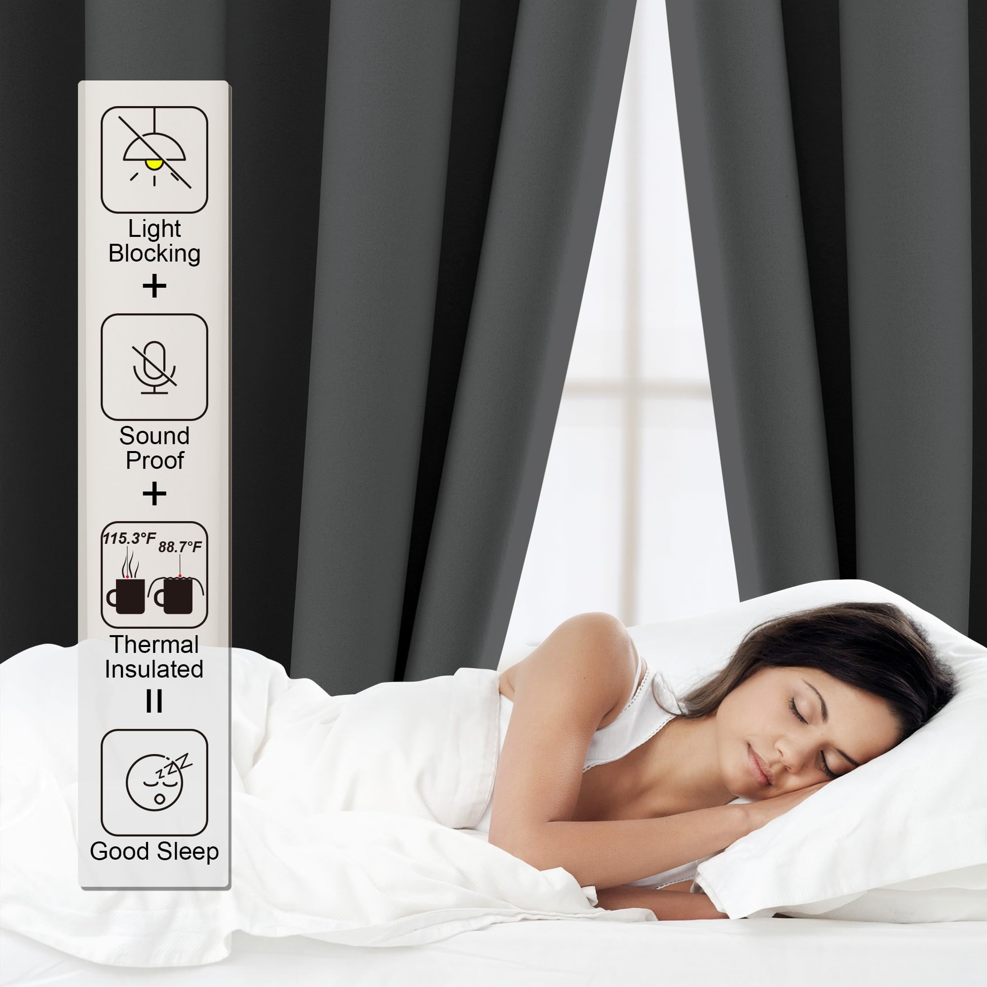 CUCRAF Thermovorhang Kälteschutz Verdunklungsvorhänge 2er Set H225 x B140 cm Gardinen mit Ösen Dunkelgrau Vorhang Blickdicht, Weich und Langlebig Schallschutz Vorhang für Schlafzimmer Wohnzimmer