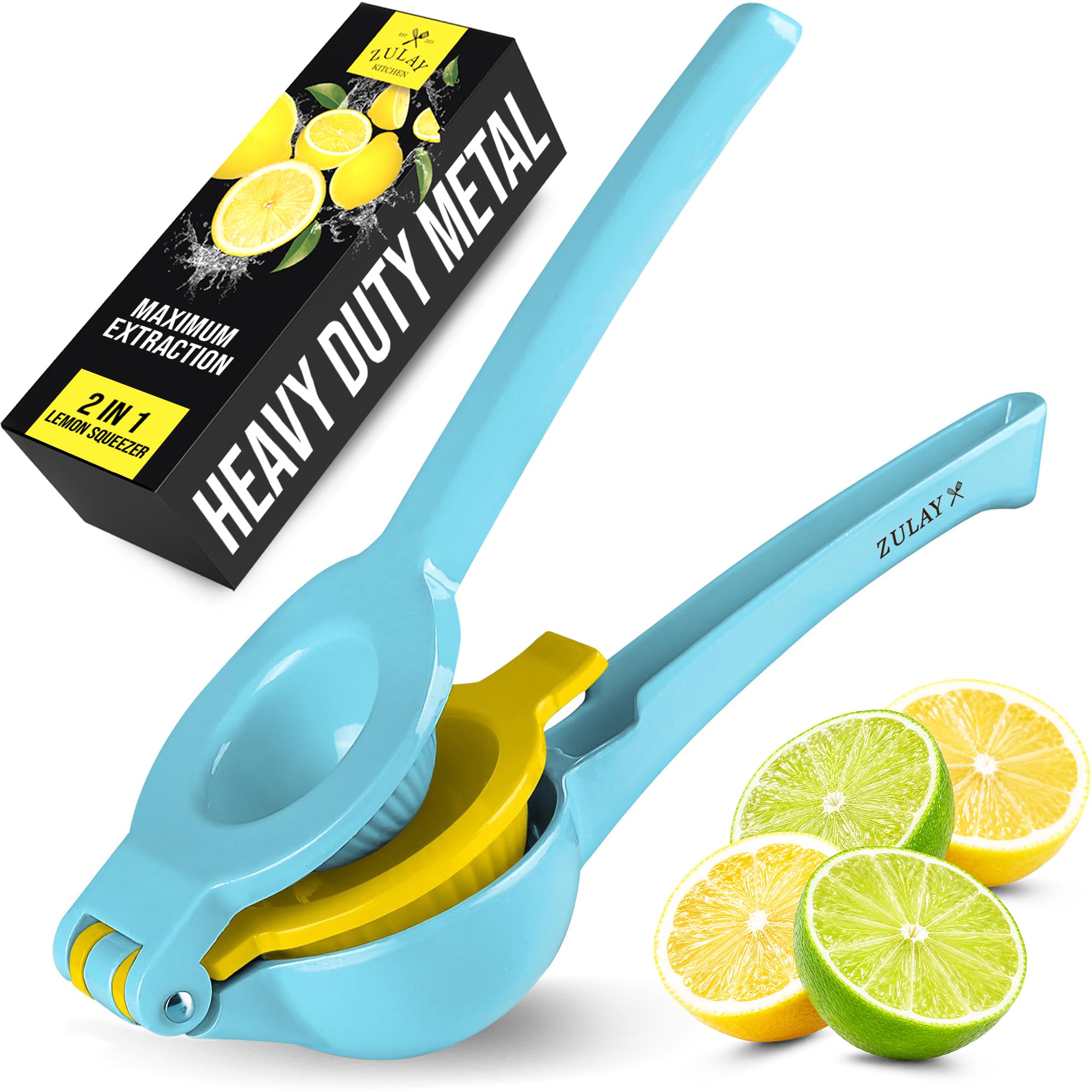 Zulay Metal 2-In-1 Lemon Squeezer Manual - Sturdy, Max Extraction Hand Juicer Lemon Squeezer Gets Every Last Drop - Easy to Clean Manual Citrus Juicer - Easy-to-Use Lemon Juicer Squeezer - Blue/Yellow