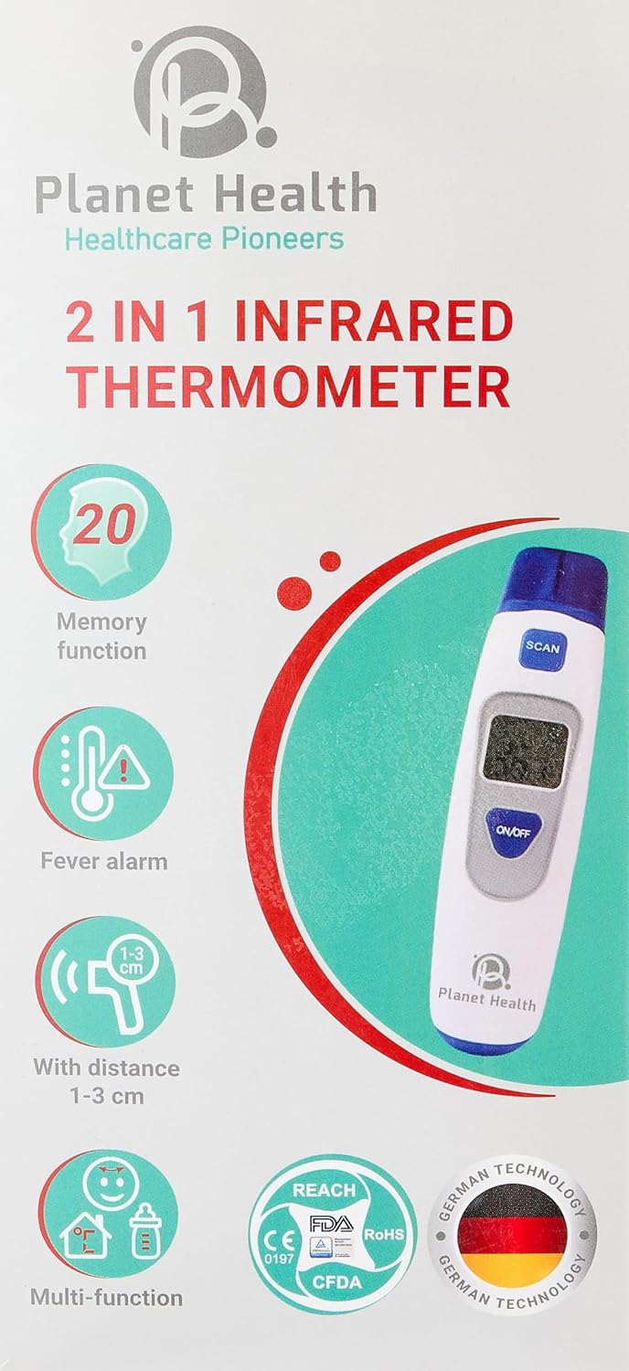 Packaging of Planet Health 2 in 1 Infrared Thermometer highlighting features like memory function and fever alarm