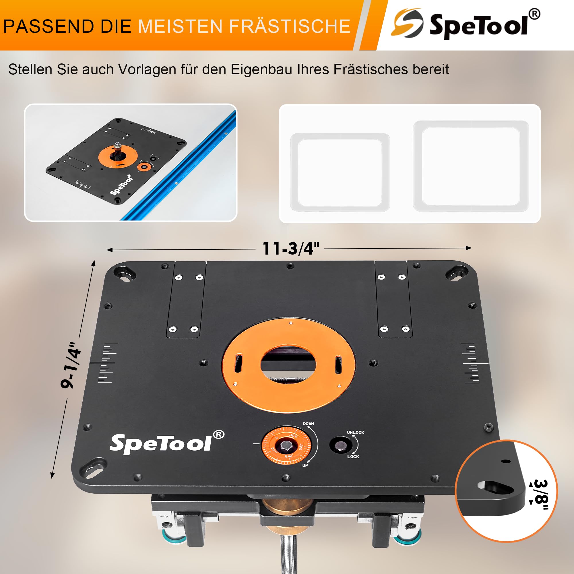 SpeTool Sollevatore per fresatura superiore con diametro da 65 mm a 107 mm, sollevatore superiore in alluminio con stencil fai da te e 3 anelli magnetici, 9-1/4" x 11-3/4" per la lavorazione del legno