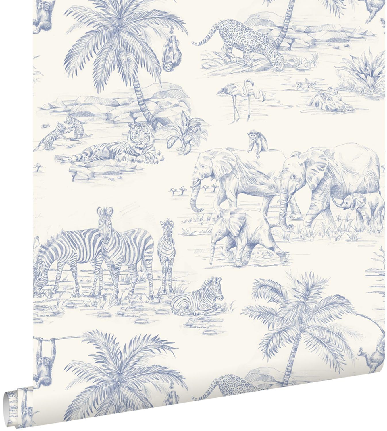 papier peint toile de jouy jungle bleu et blanc 0.53 x 10.05 m - ESTAhome
