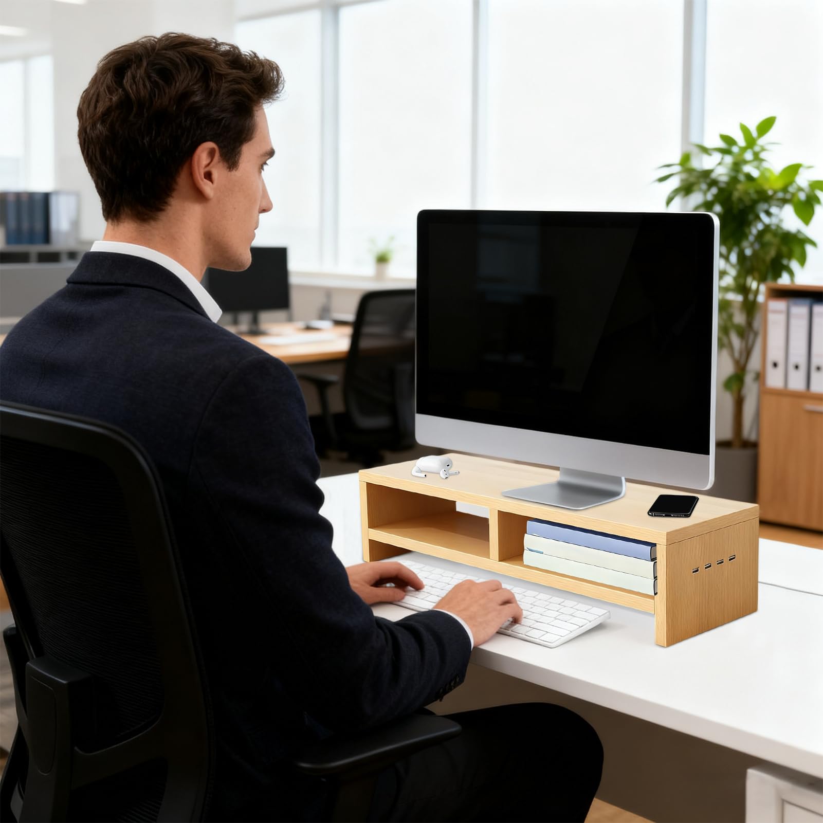 Generico Supporto Per Monitor Per Scrivania 2 In Legno Con 4 Porte USB | Supporto Stampante Ufficio Con Deposito Per Computer Portatile Elettronica Ufficio Domestico Studio Lavoro Dormitorio