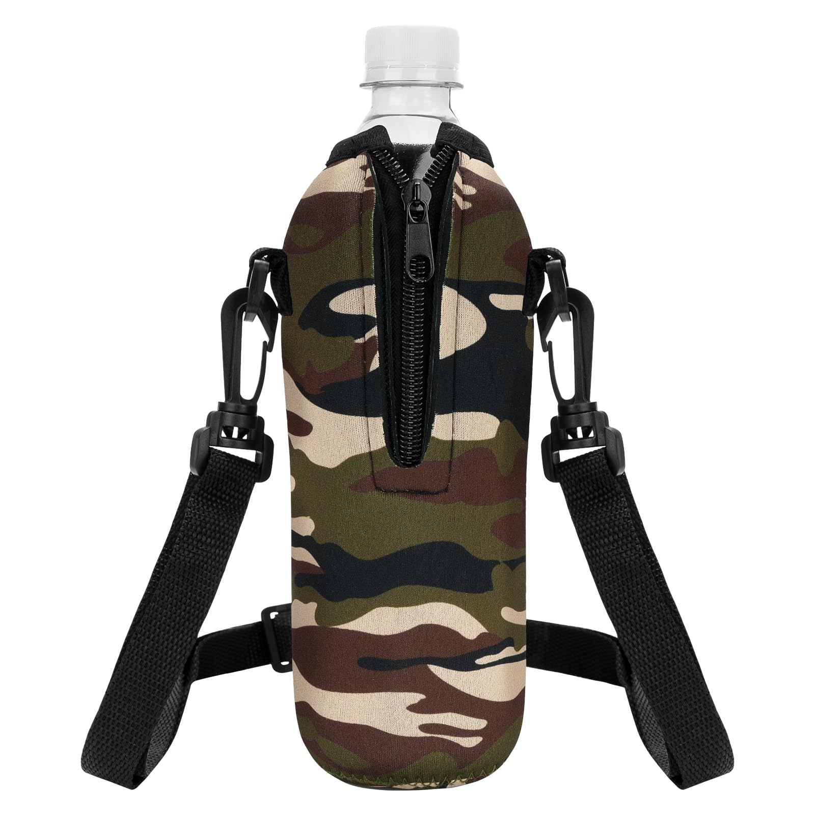 Linkidea Carrier Bag for Bottle Water Compatible with 16.9 Fl Oz Smartwater, Crystal Geyser, Arrowhead Disposable Bottles, Insulated Neoprene Bottle Cooler Cover with Clip for Backpack, Camo