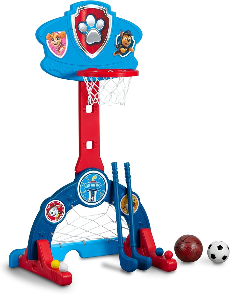 Delta Children PAW Patrol 4-in-1 Sports Center – Adjustable Easy Score Basketball Hoop, Soccer/Hockey Net and Golf Game, Blue