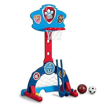 Delta Children PAW Patrol 4-in-1 Sports Center – Adjustable Easy Score Basketball Hoop, Soccer/Hockey Net and Golf Game, Blue