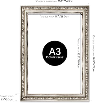 Almost Frameless A3 Silver Ornate Picture Frame Fits A3 (29.7 x 42cm - 11.7 x 16.5in) Poster, Photo, Artwork, or Print. Antique Style Portrait and Landscape Display with Wall Hooks