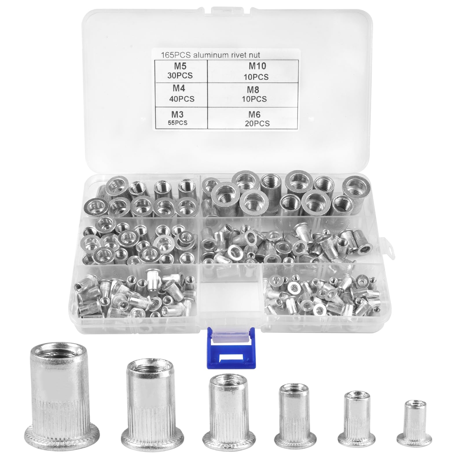 165 Écrous à Rivets en Aluminium, M3 M4 M5 M6 M8 M10 Écrous à Riveter | Écrous Filetés à Tête Plate, Ecrou a Sertir, avec Boîte de Rangement, pour Plaques Métalliques, Bois, Automobiles