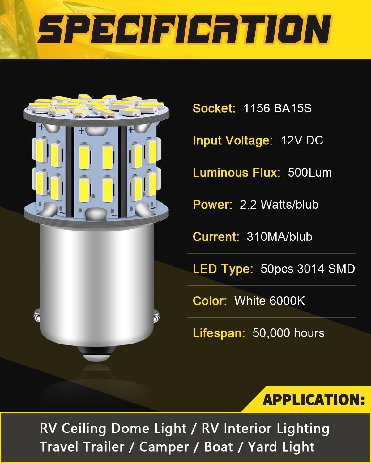 Defvnsy Super Blanco 6000K 1156 BA15S 1141 P21W Bombillas LED 3014 50-SMD para iluminación interior 12V RV/Camper/Remolque/Barco/Patio, Pack de 10 unidades