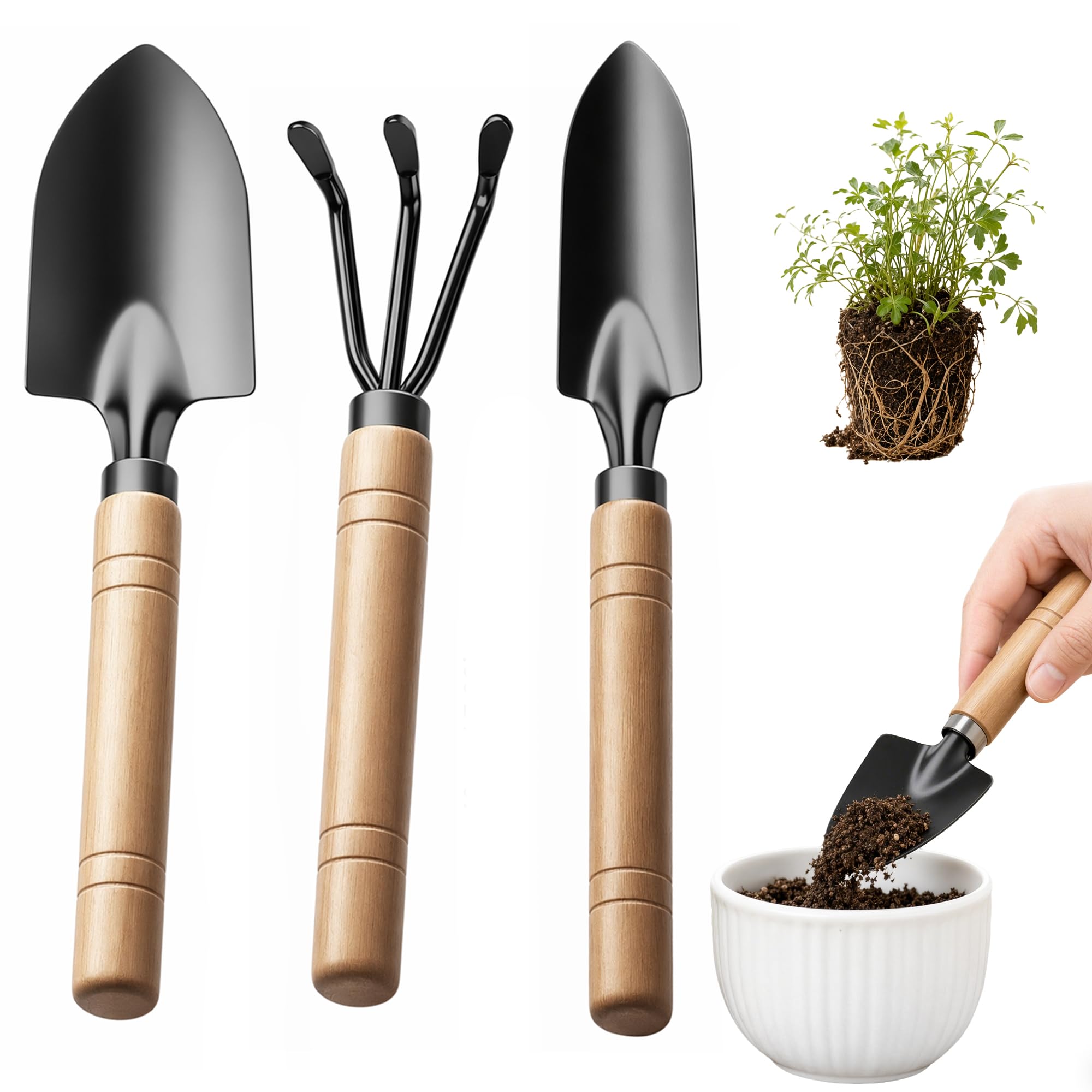 hankousi 3-Piece Mini Garden Tool Set, Heavy-Duty Wooden Handle Small Shovels & Trowels, Ideal for Bonsai, Potted Plants, Flower Beds & Loosening Soil - Compact Gardening Hand Tools Kit