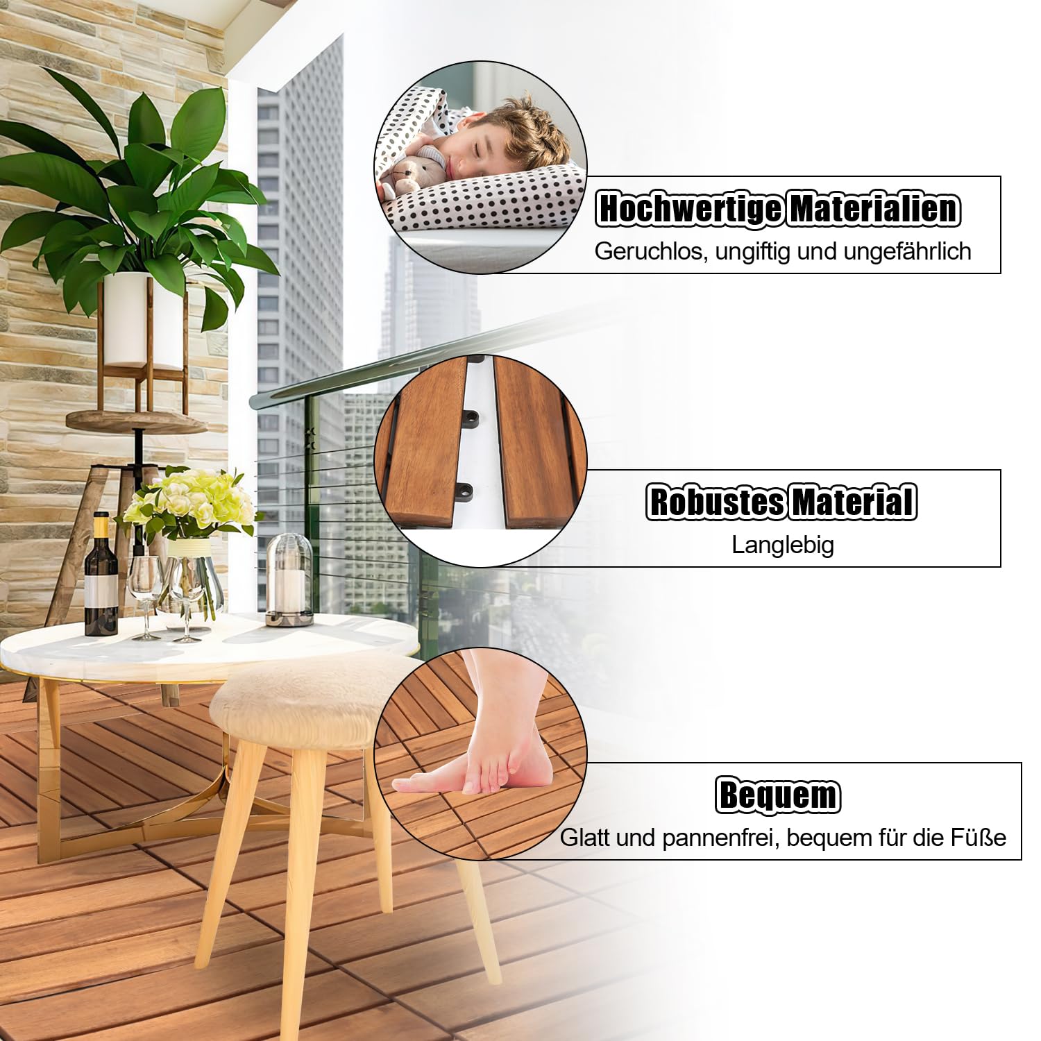 Piastrelle in legno di acacia, 30 x 30 cm, 55 pezzi, 5 ㎡, per balcone, piastrelle a clic, mosaico per giardino, patio, resistente alle intemperie (6 listelli)