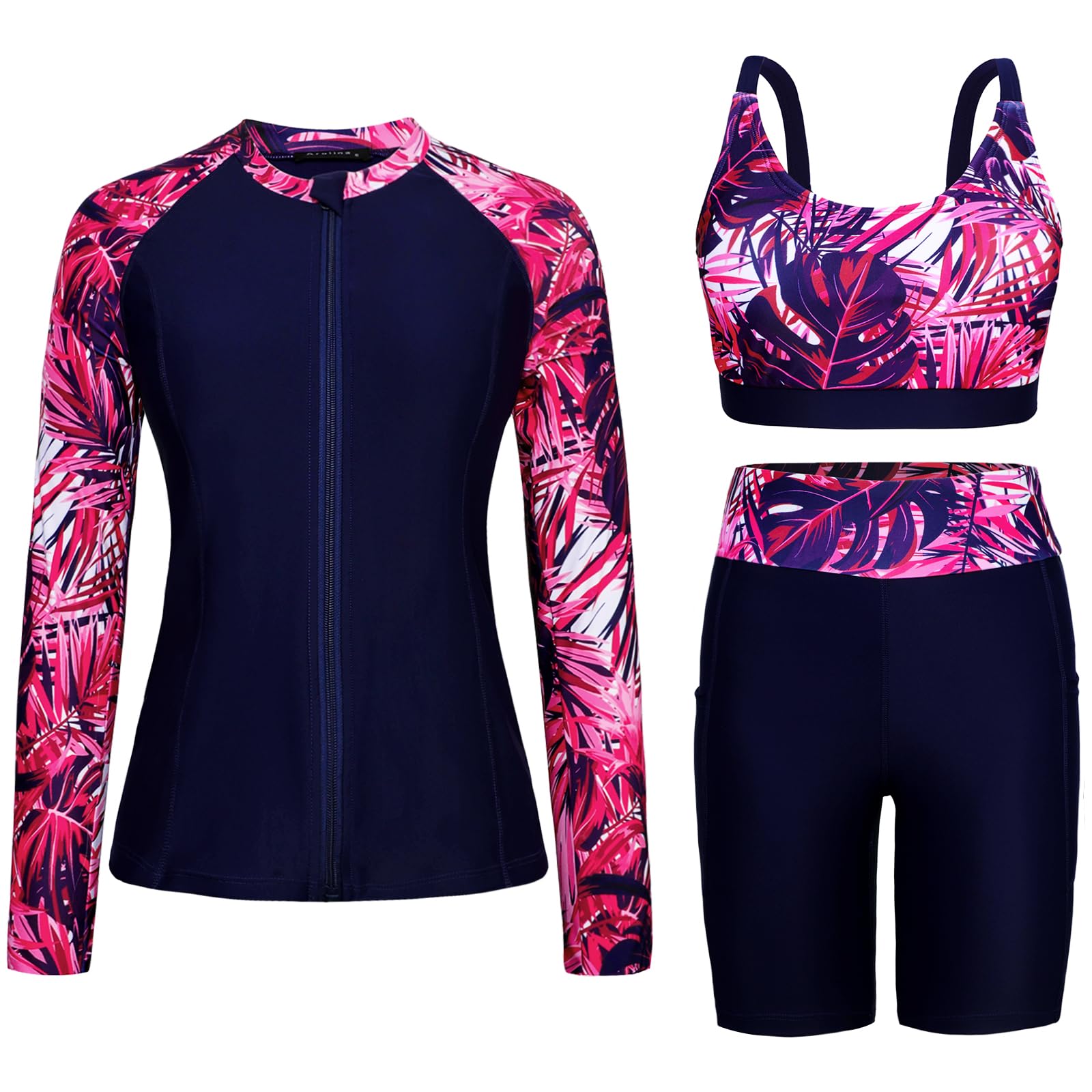 Arolina Womens Rash Guard Long Sleeve Swim Shirts Swimsuit 2026 Bathing Suit with Womens Swim Shorts & Two Pockets
