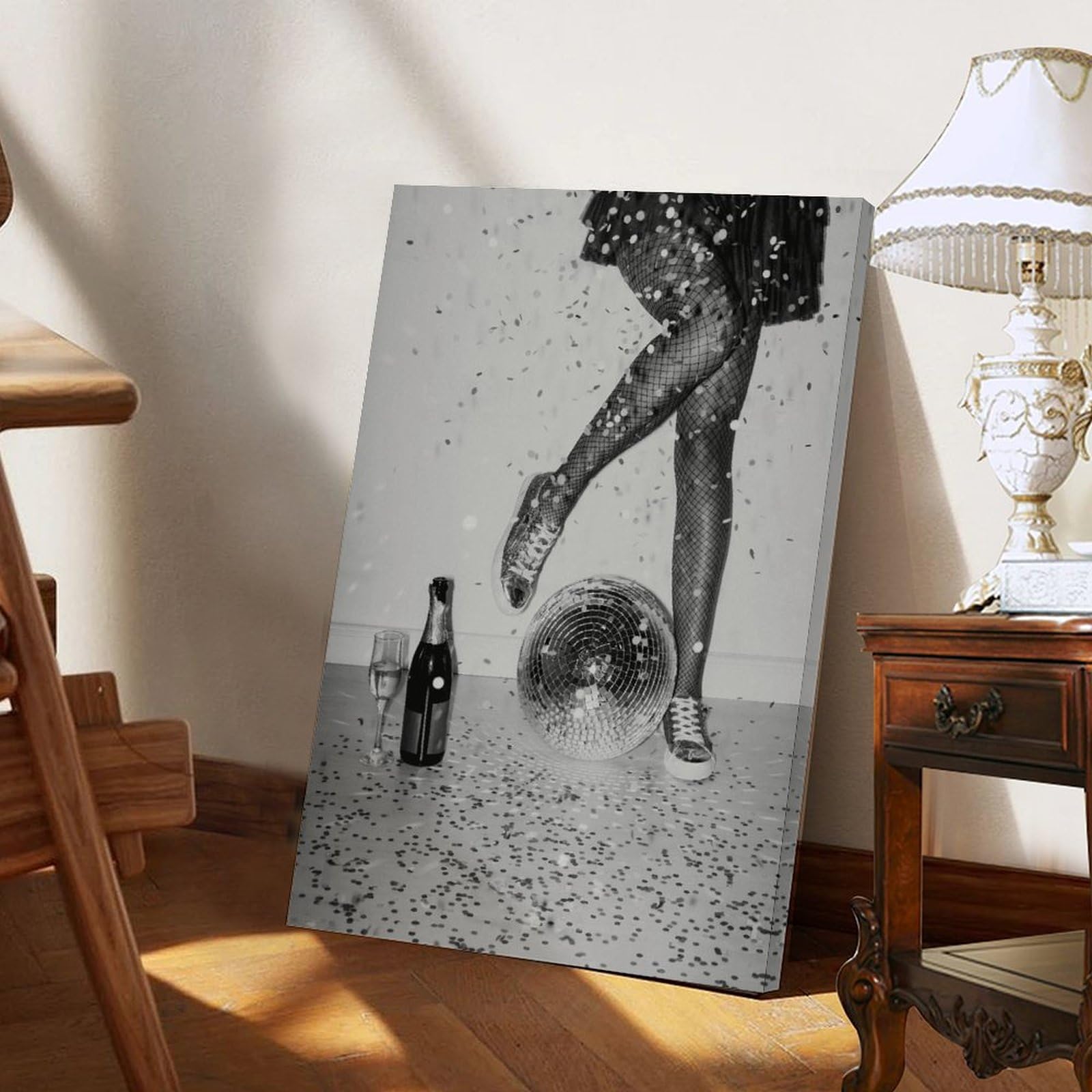 Black And White Disco Ball Poster Funky Retro Disco Posters Vintage Disco Ball Painting Trendy Party Wall Art for Modern Bar Dorm Bedroom Decor Frame-style 16x24inch(40x60cm)