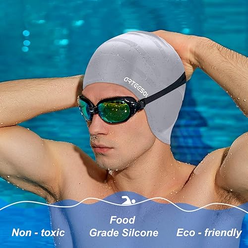 Vista 16 de Swimming Cap, Silicone Swim Cap for Women Men, Durable Non-Slip Waterproof Swim Cap Protect Ears, Long Hair for Adults, Older Kids Carbon,2