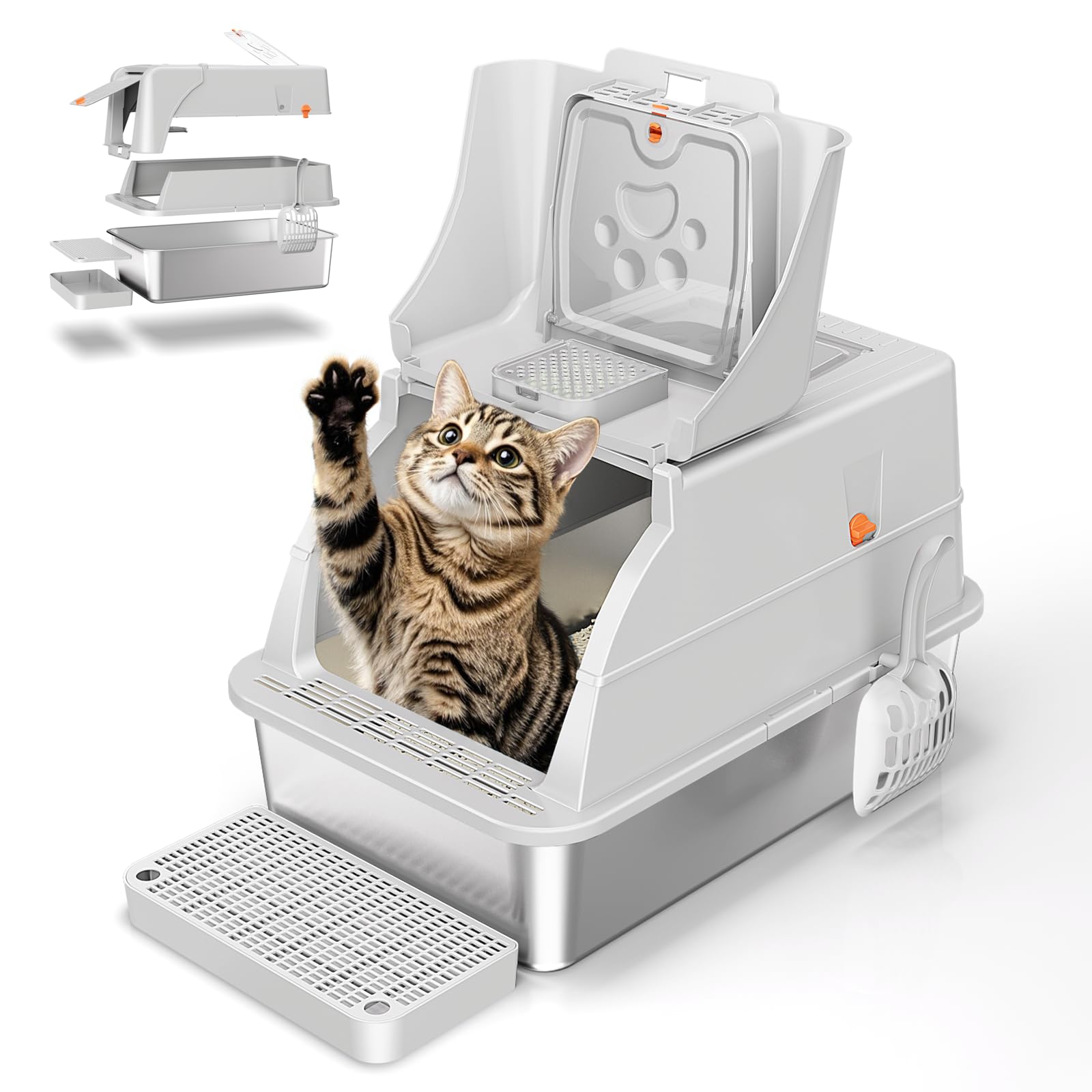 Extra Large Stainless Steel Litter Box with Lid & Scoop, Enclosed Metal Kitty Litter Box with Step, Front Entry Top Exit, Odor Control, Anti-Leakage, Non-Sticky, Easy Cleaning