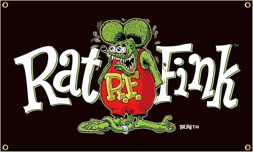 RAUMM Pancarta de bandera de coche de carreras de motocicleta Rat Fink de 3 x 5 pies, herramientas de bandera a presión, 100% poliéster, para