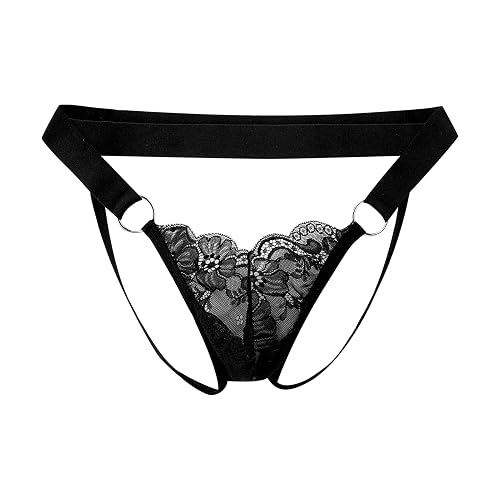 ABAFIP Men's Lace Thong Underwear Low Waist Sissy Pouch G-String Panties Crossdressing Lingerie - Black - Large