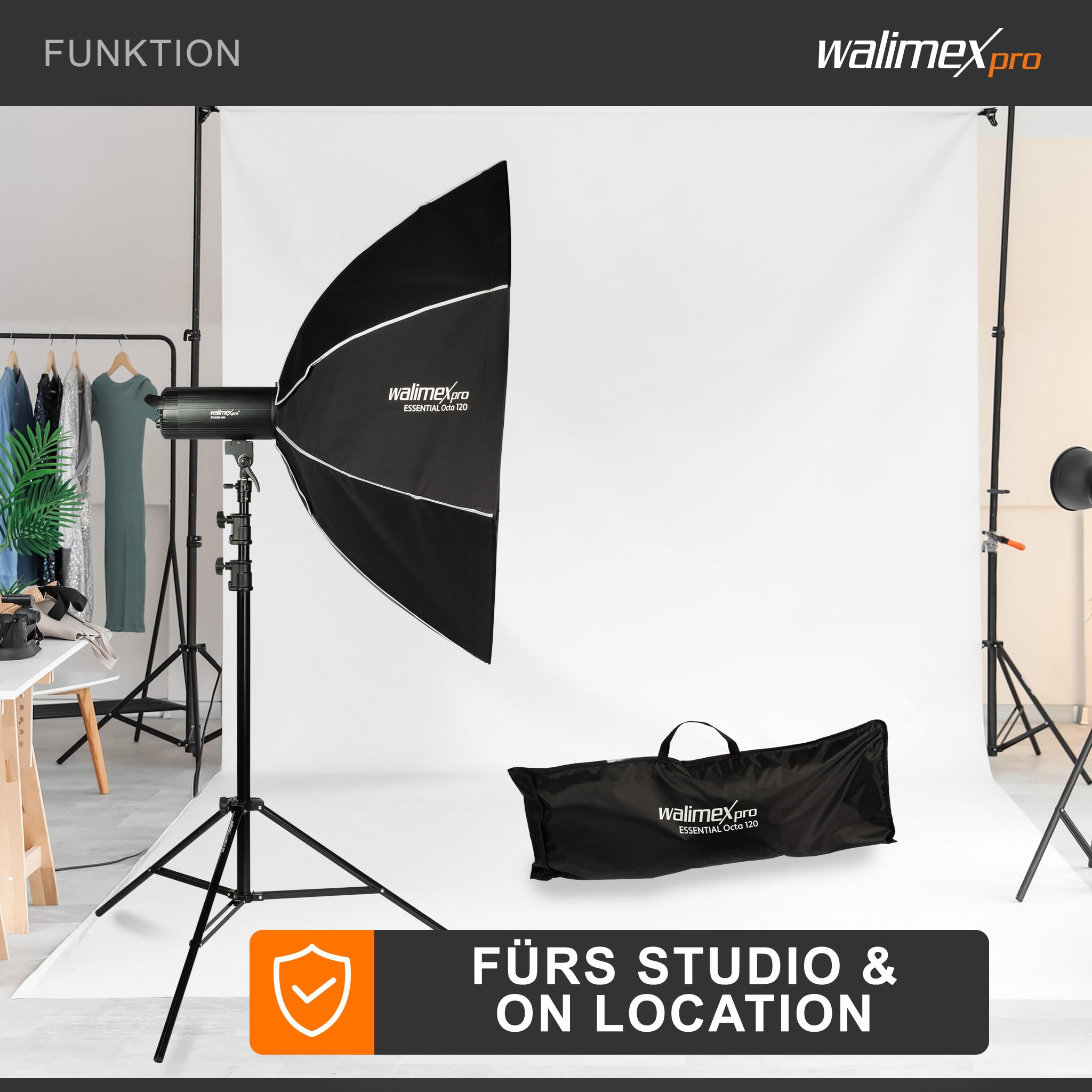 Walimex pro Essential Softbox Octagon 120 cm, Rotation à 360°, Montage Facile, avec Grille, Adaptateur Bowens et Sac de Transport, idéal pour Les Portraits et Les Prises de Vue de beauté