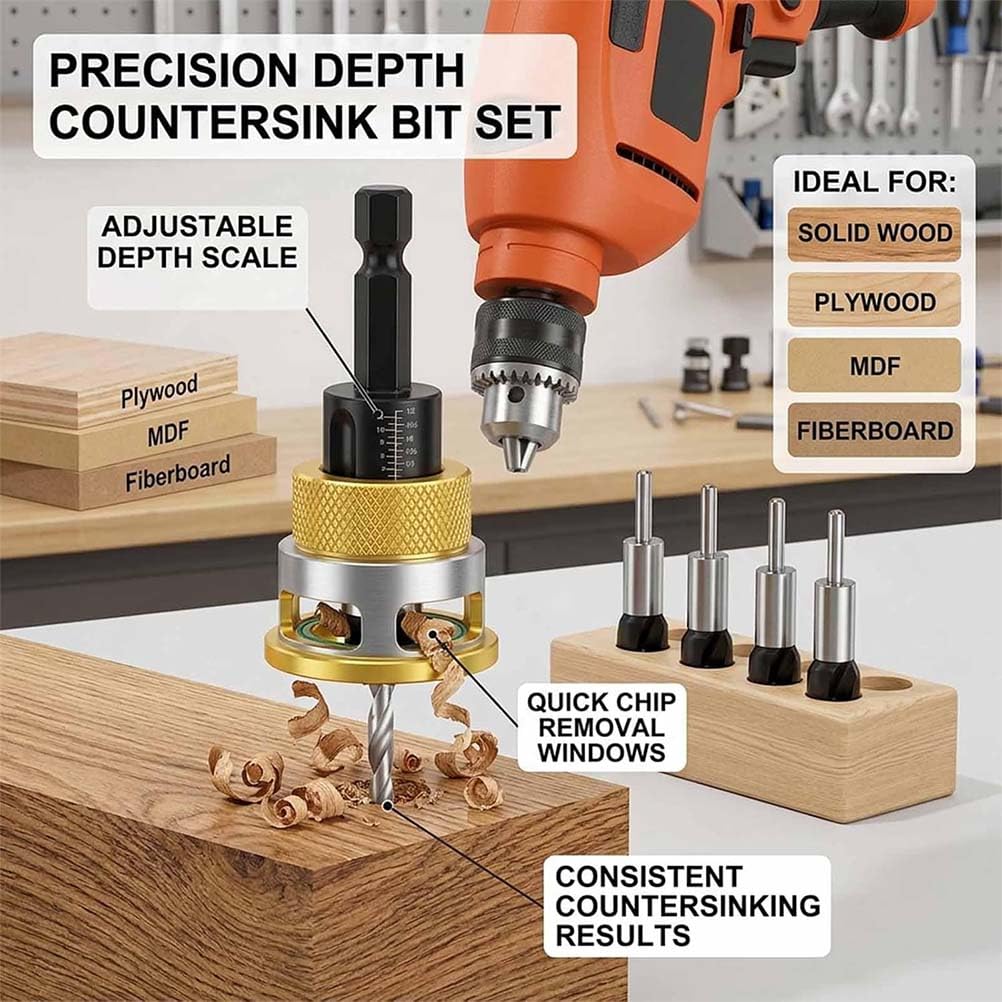 Two-Flute Counterbore with Depth Stop,Adjustable Countersink Drill Bit Set,4PCS Four-Flute HSS M2 Tapered Drill and Depth Stop Collar, Tapered Head 3/8” 82° Counter-Bore,1/4” Hex Shank (2PCS)