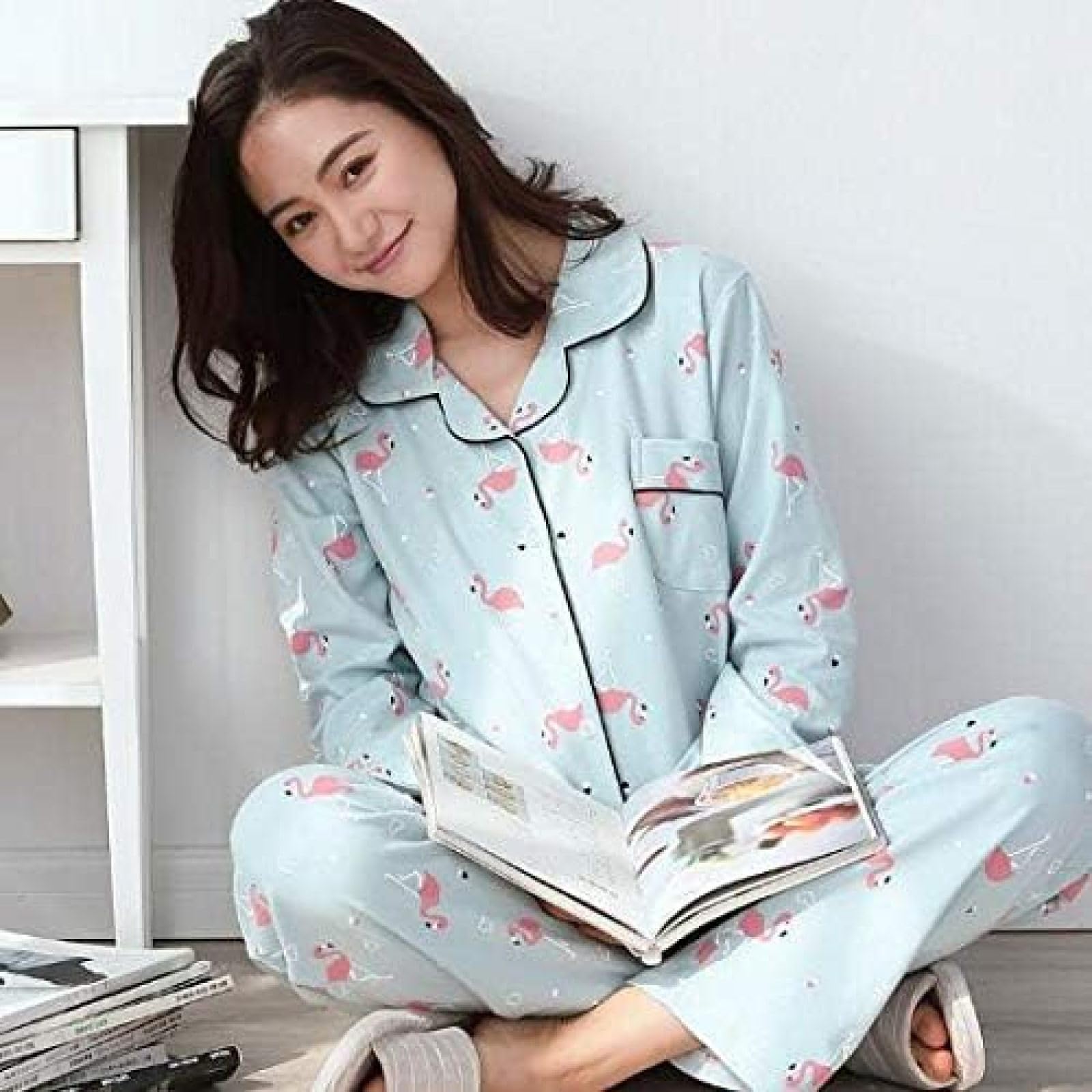Pijamas De Algodón Para Mujer, Ropa De Dormir Estampada De Manga Larga, Conjunto De Pijama De Otoño E Invierno,Azul,SG