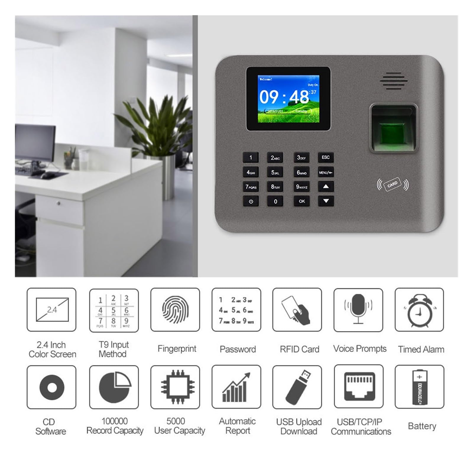 Maszyna do pomiaru czasu 2,4-calowa biometryczna maszyna do rejestracji czasu pracy na podstawie odcisków palców Karta RFID TCP/IP/USB Oprogramowanie urządzenia do meldowania/wymeldowania pracowników