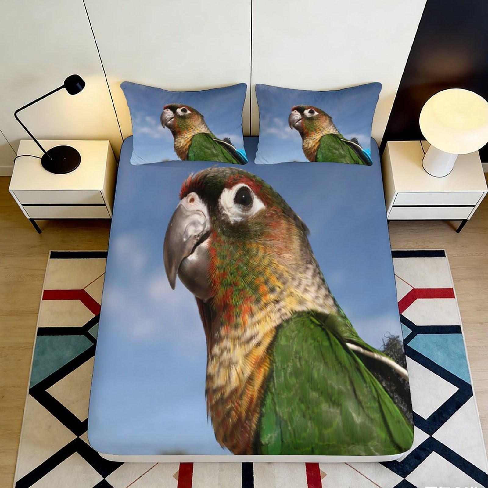 3D Printed Parrot Sky Fitted Sheet Microfiber Soft Breathable Bird Mattress Cover for Bedroom Guest Room Decor 90x200x25cm