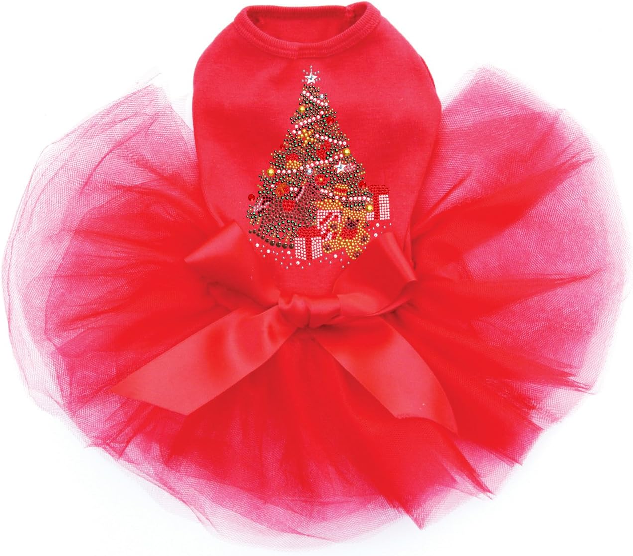 Christmas Tree #2 with Teddy Bear - Bling Rhinestone Christmas Dog Tutu Dress, L Red