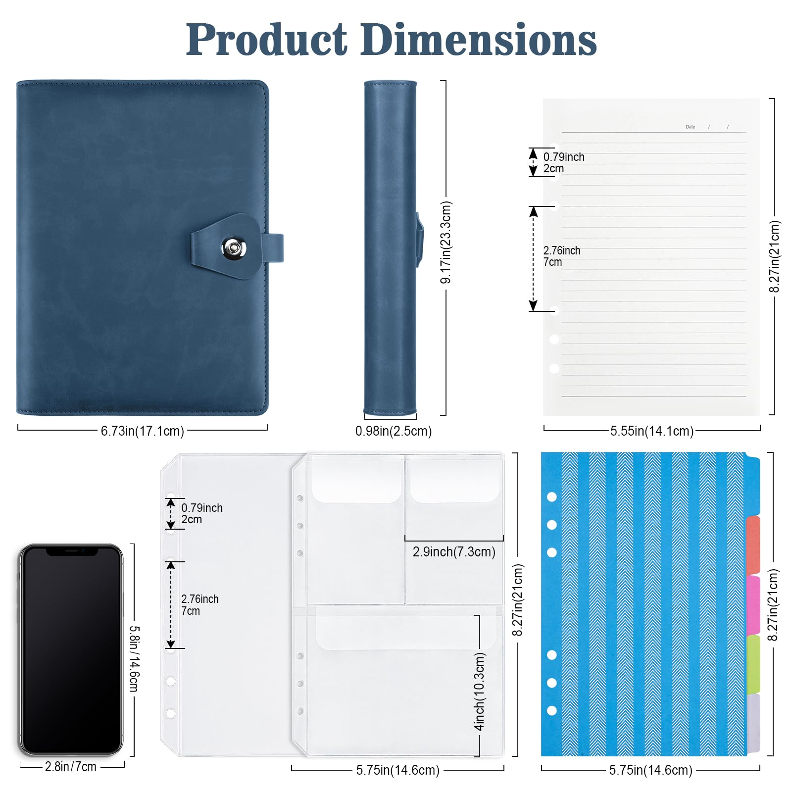 A5 Ringbuch, Ringbuch A5 Nachfüllbar mit 100 Blätter Nachfüllpapier, Leder Notizbuch mit Bindertaschen, Binder Für Schulnotizen Und Reisetagebücher, Geschenk für Mädchen, Jungen (Dunkelblau)