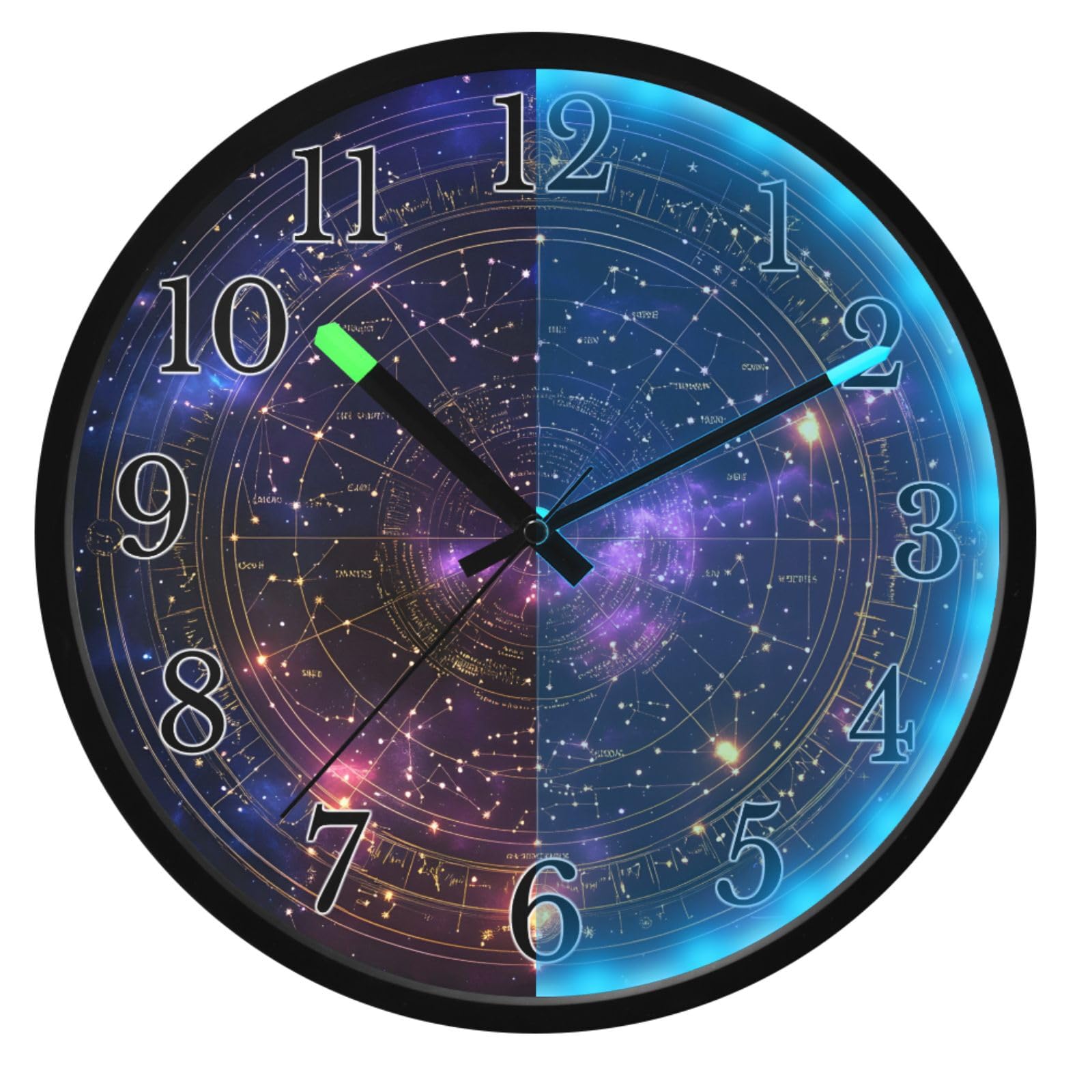 Mnsruu Reloj de pared con diseño de galaxia misteriosa, luminoso, funciona con pilas, silencioso, brilla en la oscuridad, para sala de estar, cocina, 12 pulgadas