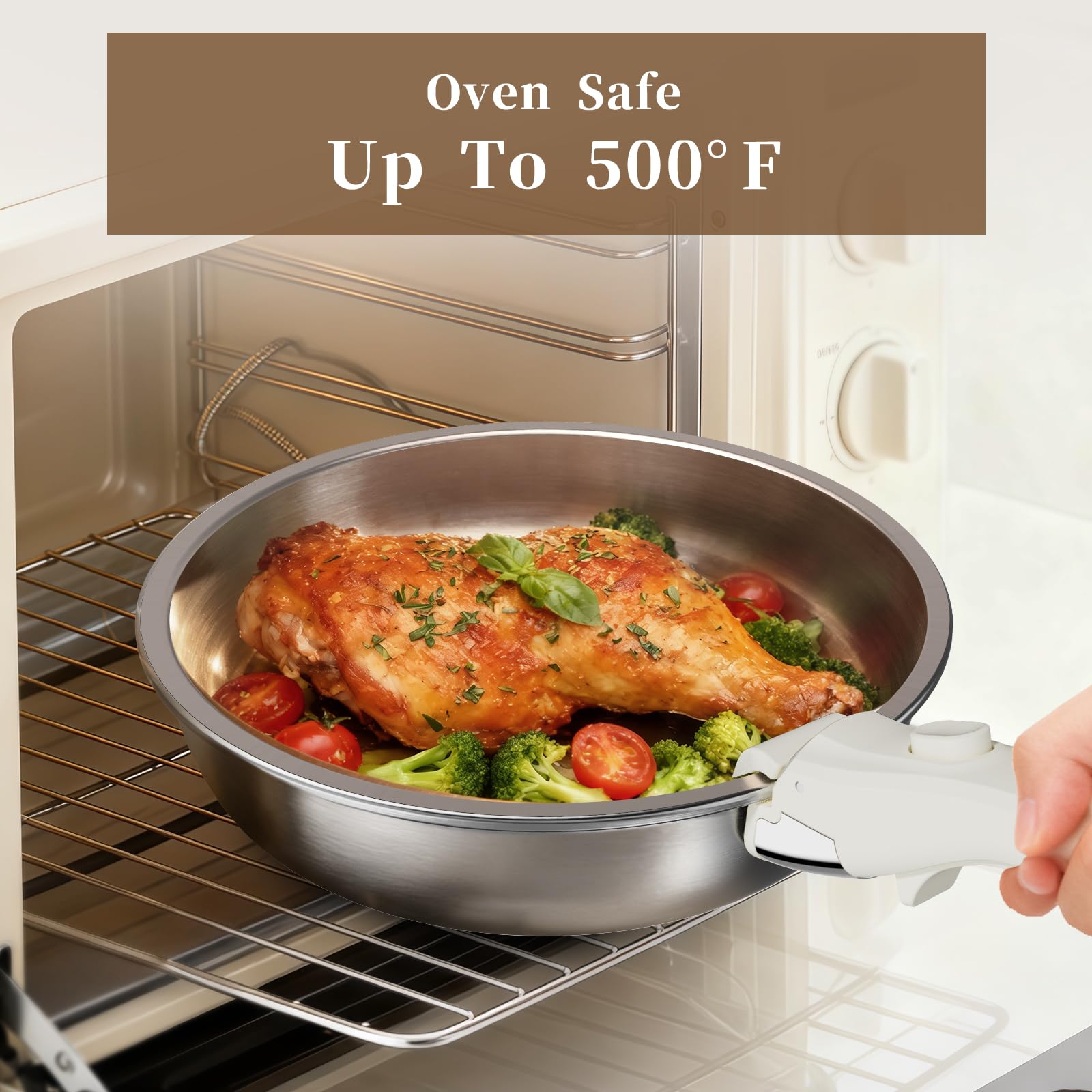 Juego de 10 sartenes de acero inoxidable con asas extraíbles, sartén de 24 cm, cacerola de 18/20 cm, apilables, para todo tipo de cocinas (plata)
