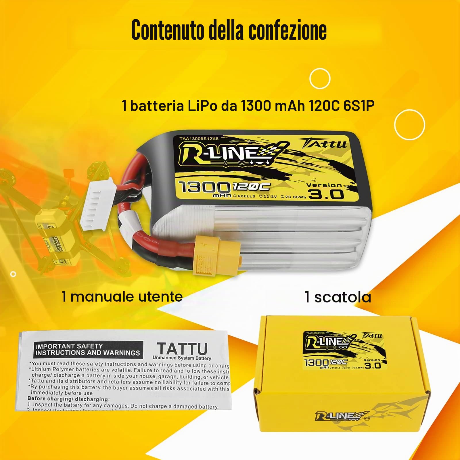 Tattu 6S Lipo Batteria 22.2V 1300mAh 120C Custodia morbida RC Batteria serie RLine con connettore XT60 per UAV Drone FPV Race RC Quadcopter