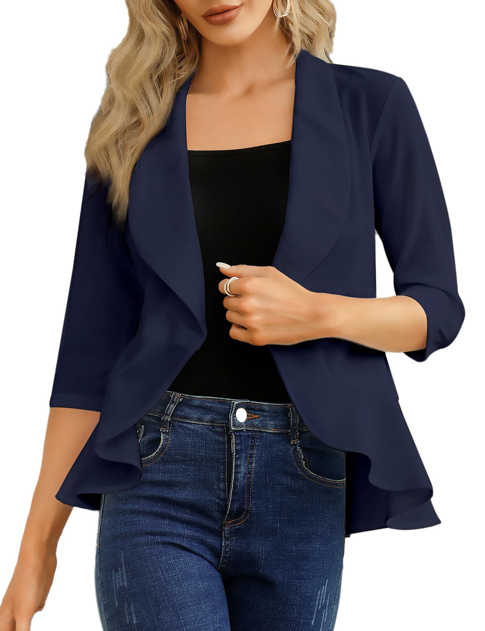 KOJOOIN Womens Casual Blazer 3 4 Sleeve Open Front Ruffle Work Office Cardigan Suit Jacket