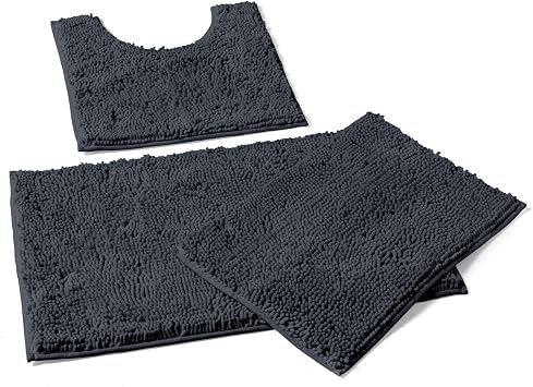 LuxUrux Charcoal Chic Bath Set Plush Chenille Mat Set + Modern Microfiber Shag Rug 31x20 + 20x20 U, 24x17
