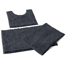 LuxUrux Charcoal Chic Bath Set Plush Chenille Mat Set + Modern Microfiber Shag Rug 31x20 + 20x20 U, 24x17