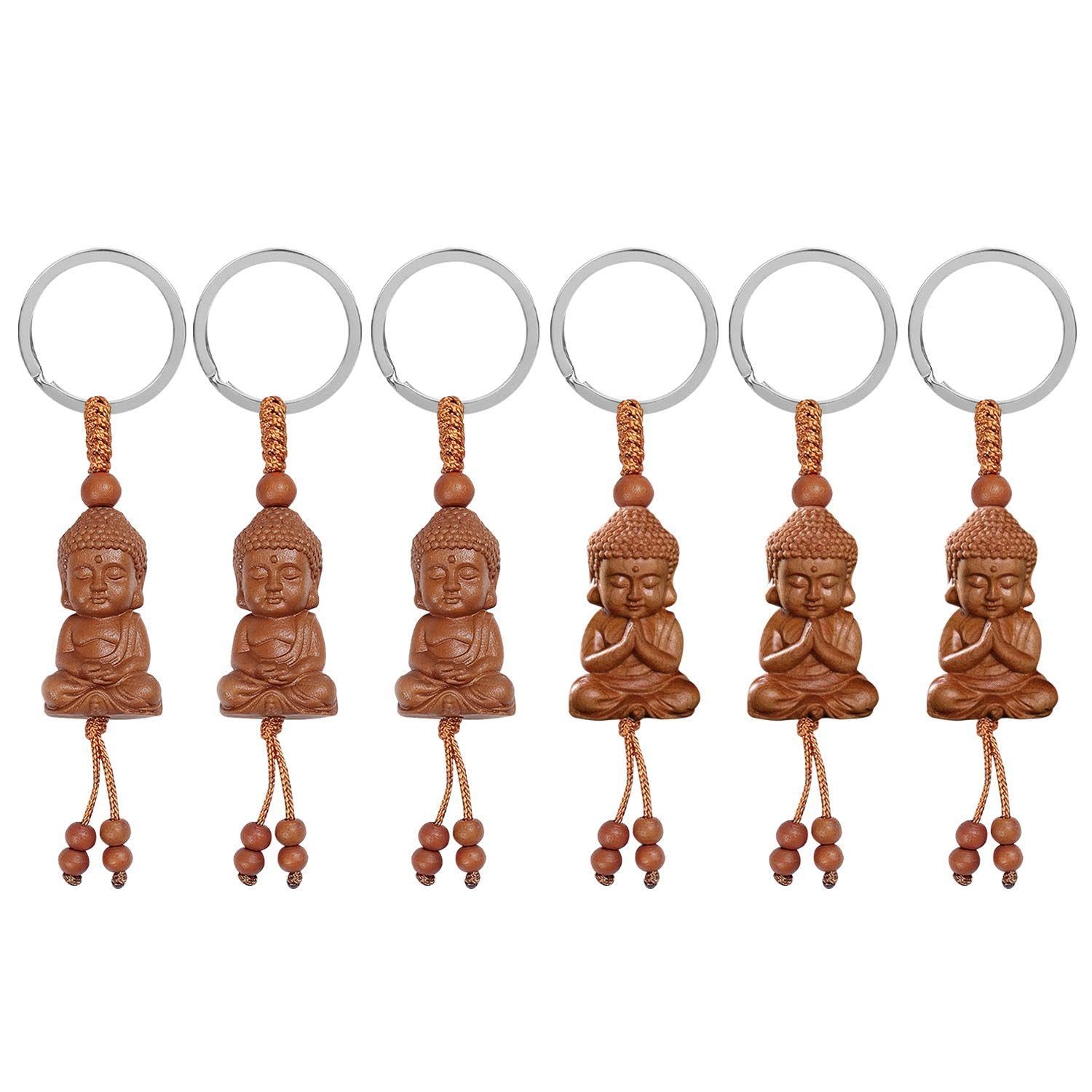 YSDYY 6 Pieces Buddha Keychain, Three-Dimensional Carved Buddha Statue, Wooden Lucky Charm Keychain, Diy Key Accessories, Backpack Lucky Charm Pendant