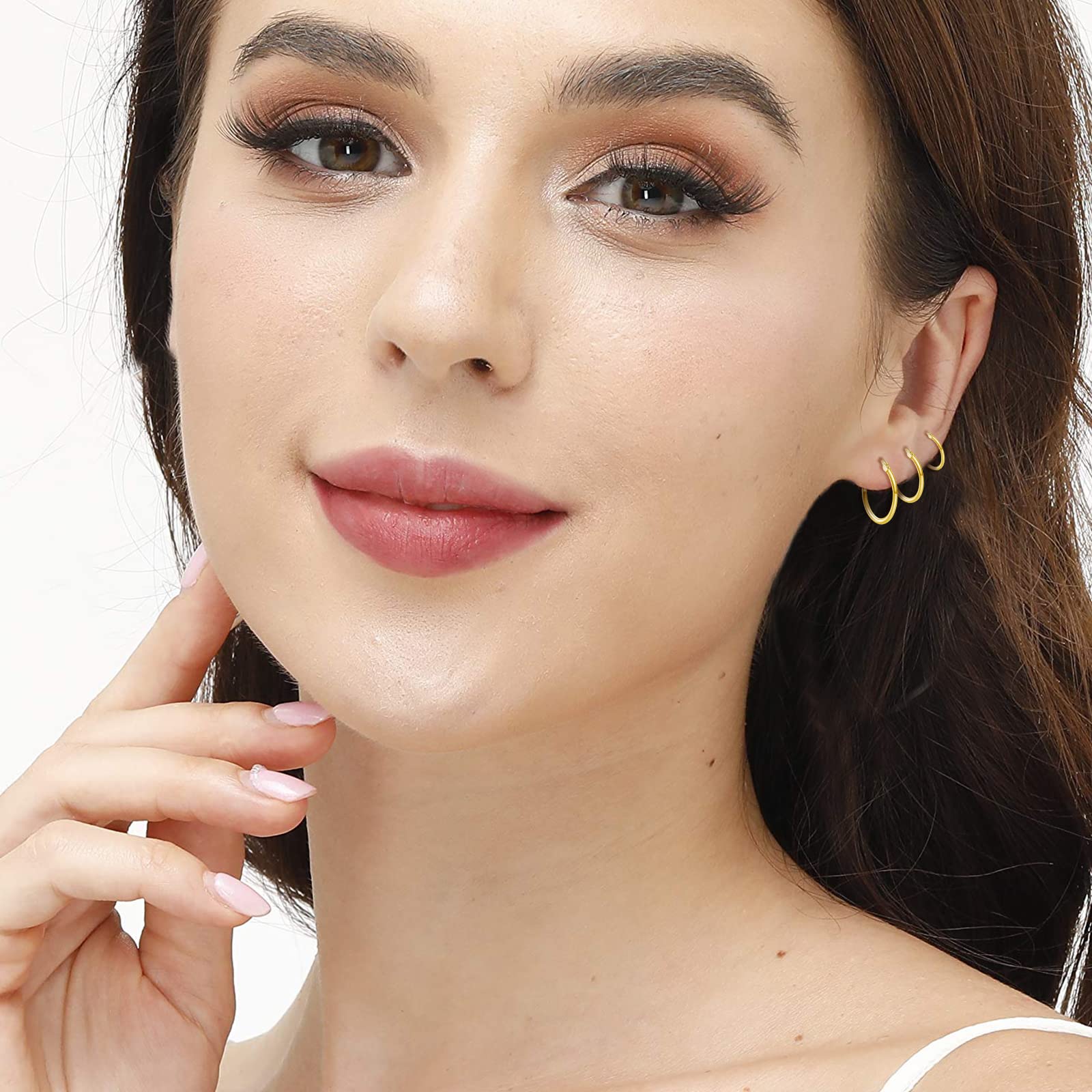 Aretes de aro chapados en oro de 14 quilates, 3 pares de aros pequeños de plata de ley, conjuntos de aros de oro para mujeres y niñas (13 mm, 15 mm, 20 mm), REE-025 2
