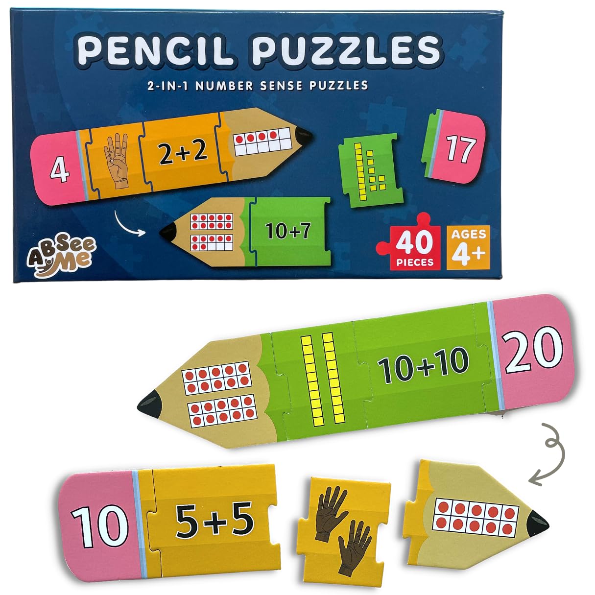 ABSee Me Pencil Puzzles - Reversible 4-Piece Puzzles - Ten Frame & Base Ten Blocks - Place Value Manipulatives Kindergarten Classroom - Kindergarten Activities - Kindergarten Math Games for Kids 5-7