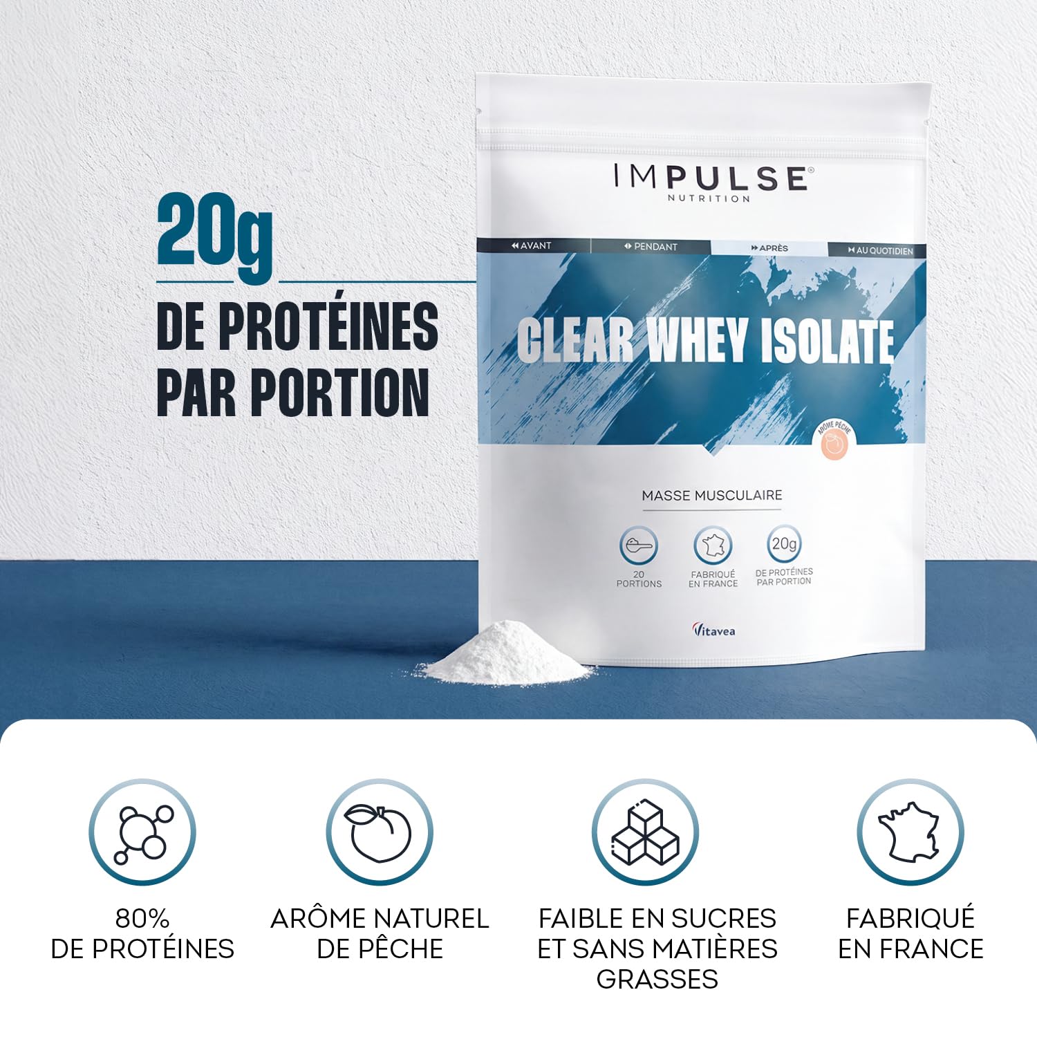 Impulse Nutrition - Clear Whey Isolate Pêche - 20g Protéines/Portion - 500g | Récupération Musculaire - Digestion Légère - 80g Protéines/100g - Arôme Pêche Naturel - Fabriqué en France.