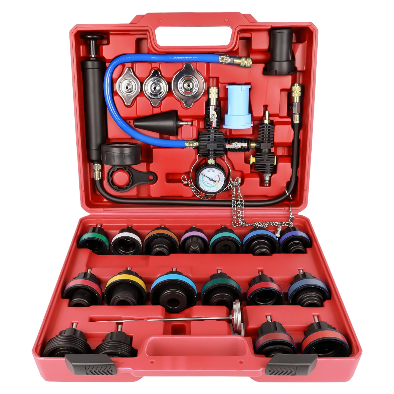 OiLiehu Kit Pressione Radiatore 28 Pezzi, Tester Pressione Liquido di Raffreddamento con 17 Adattatori Metallici e 3 Capsule Prova, Sfiatatore e Riempi Impianto Raffreddamento, Colore Rosso