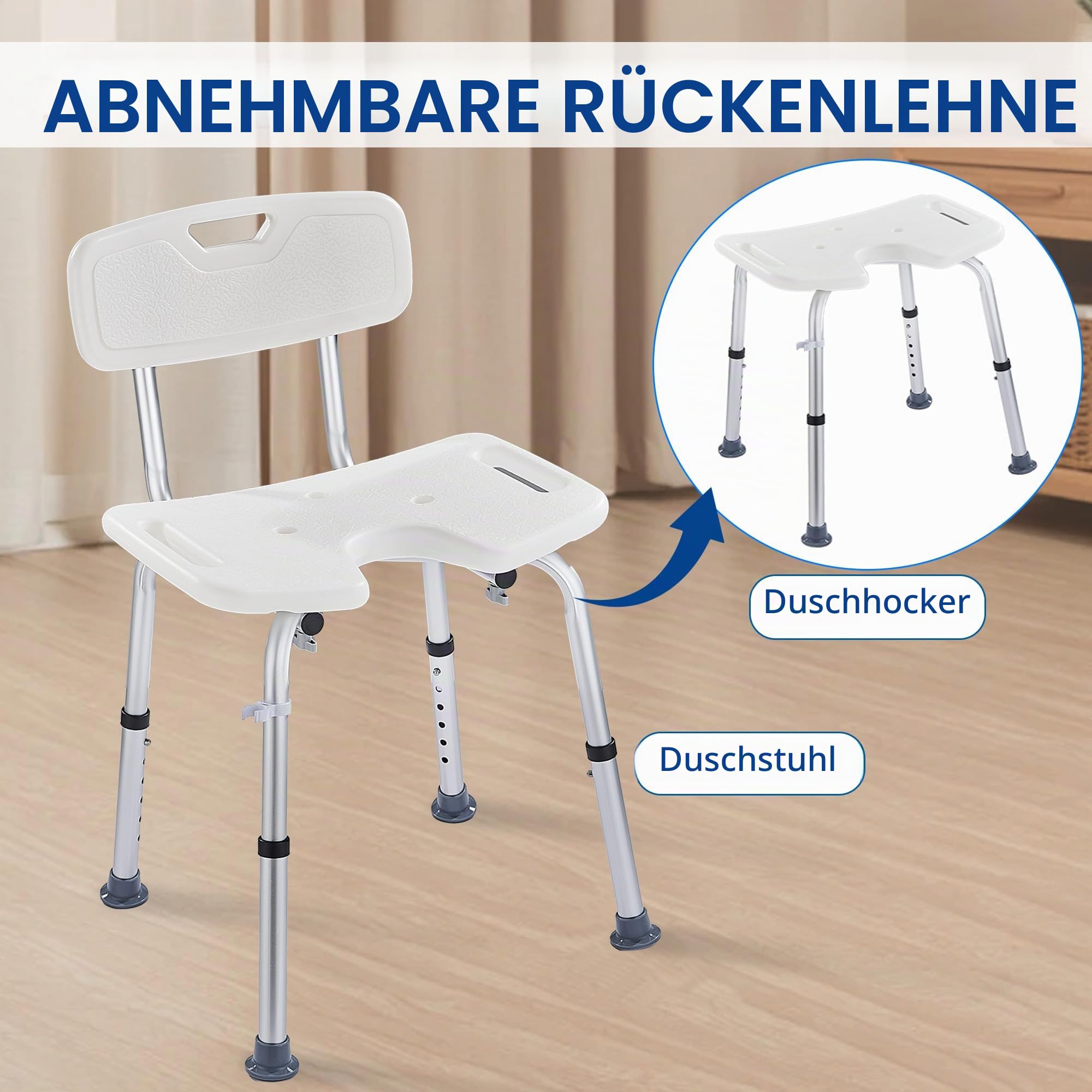 Duschhocker Höhenverstellbar 38.5-51cm mit Abnehmbarer Rückenlehne, Duschstuhl für Senioren rutschfeste Gummifüße Duschhilfe, Duschsitz für Dusche Badehocker Badstuhl belastbar bis 150kg