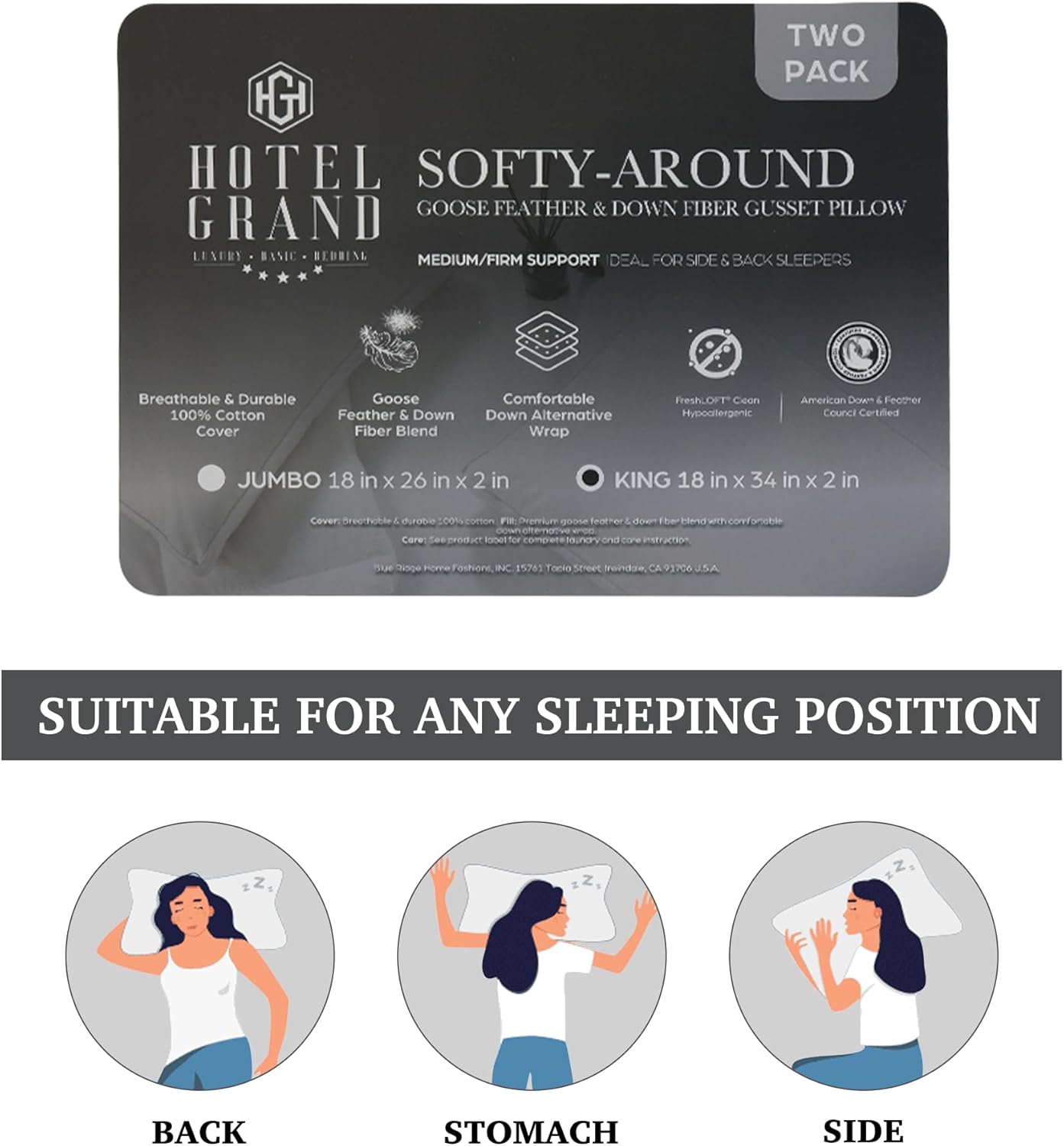 Hotel Grand Goose Feather Down Fiber Bed Pillows King Size Set of 2, 100% Cotton Cover, Medium Firm Hotel Collection Gusseted Pillows for Back, Stomach or Side Sleepers, 18"x34", White
