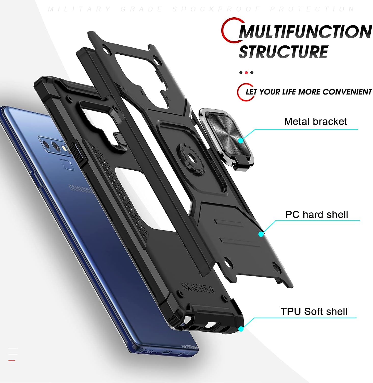 LeYi Galaxy Note 9 Case, Samsung Galaxy Note 9 Case for Men Women with [2 x 3D Curved Screen Protector], [Military-Grade] Protective Phone Cover Case with Ring Kickstand for Samsung Note 9, Black