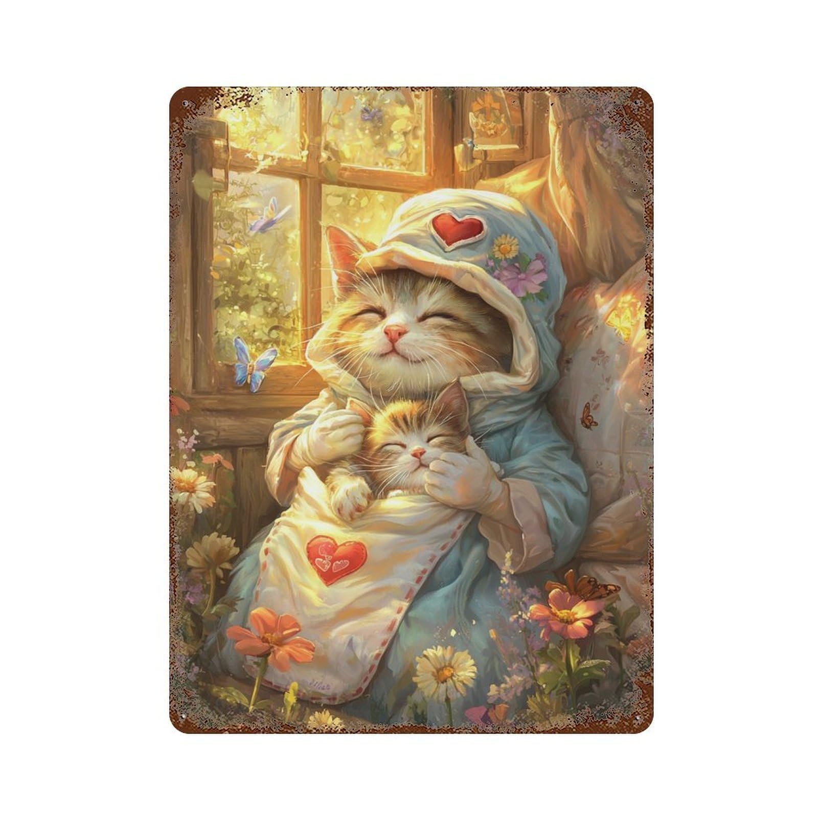 Whiskered Dreams Cozy Cat Nap Time Rust Effect Tin Sign 15.7"x11.8", Vintage Wall Decor for Pub, Kitchen And Man Cave Decor