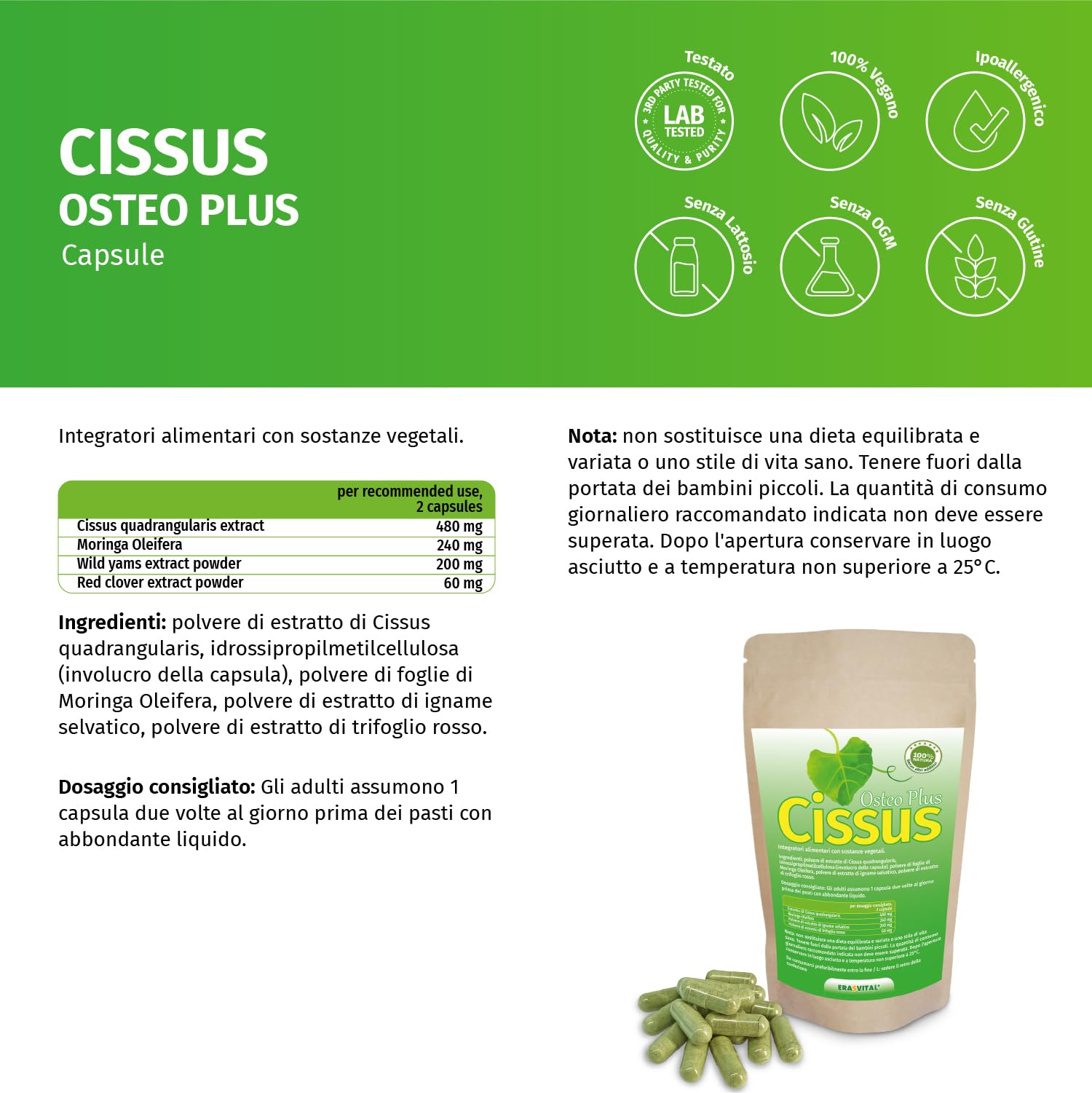 Cissus Quadrangularis Extrakt 60 Kapseln hochdosiert mit wichtigen Begleitern wie Moringa Oleifera, Wild Yams Extrakt und Rotklee Extrakt, die Knochenkraft unterstützen.